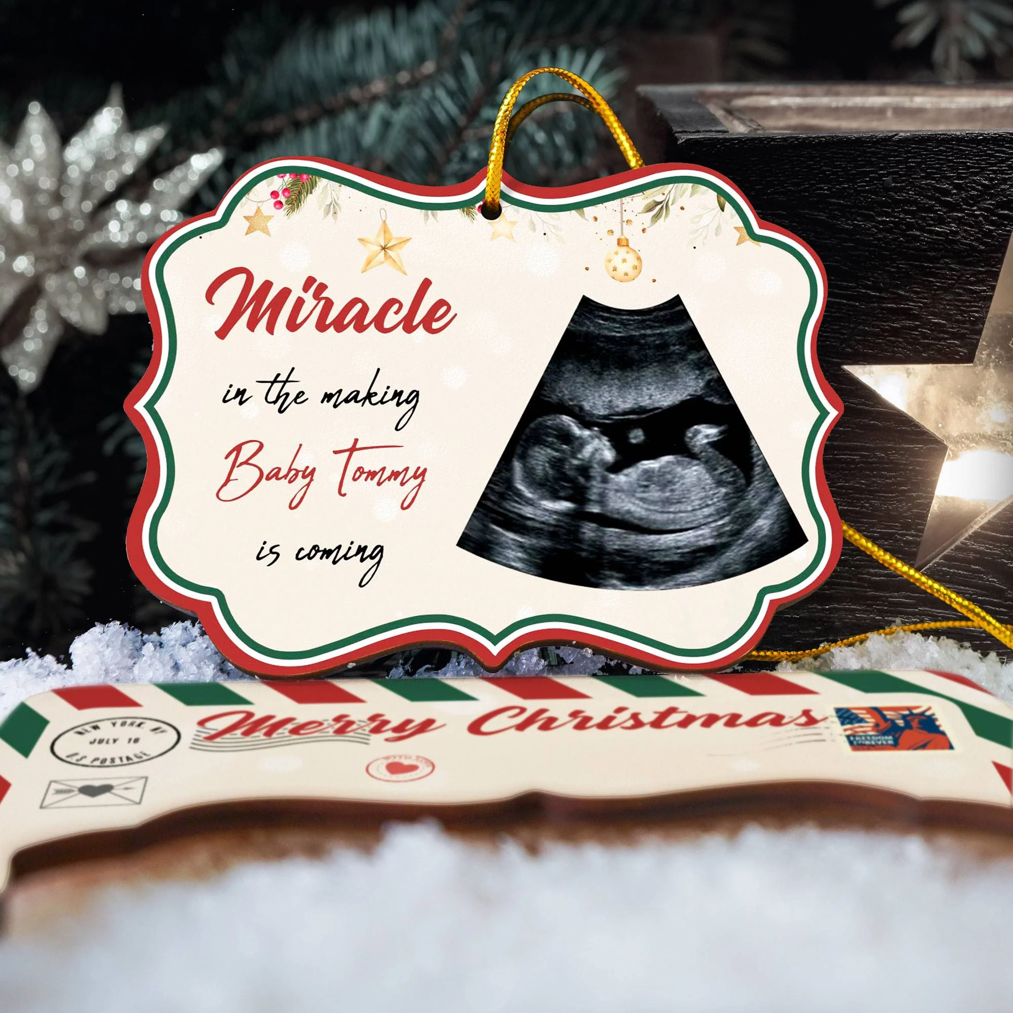 Miracle In The Making Baby Is Coming - Personalized Wooden Card With Pop Out Ornament - Image 5
