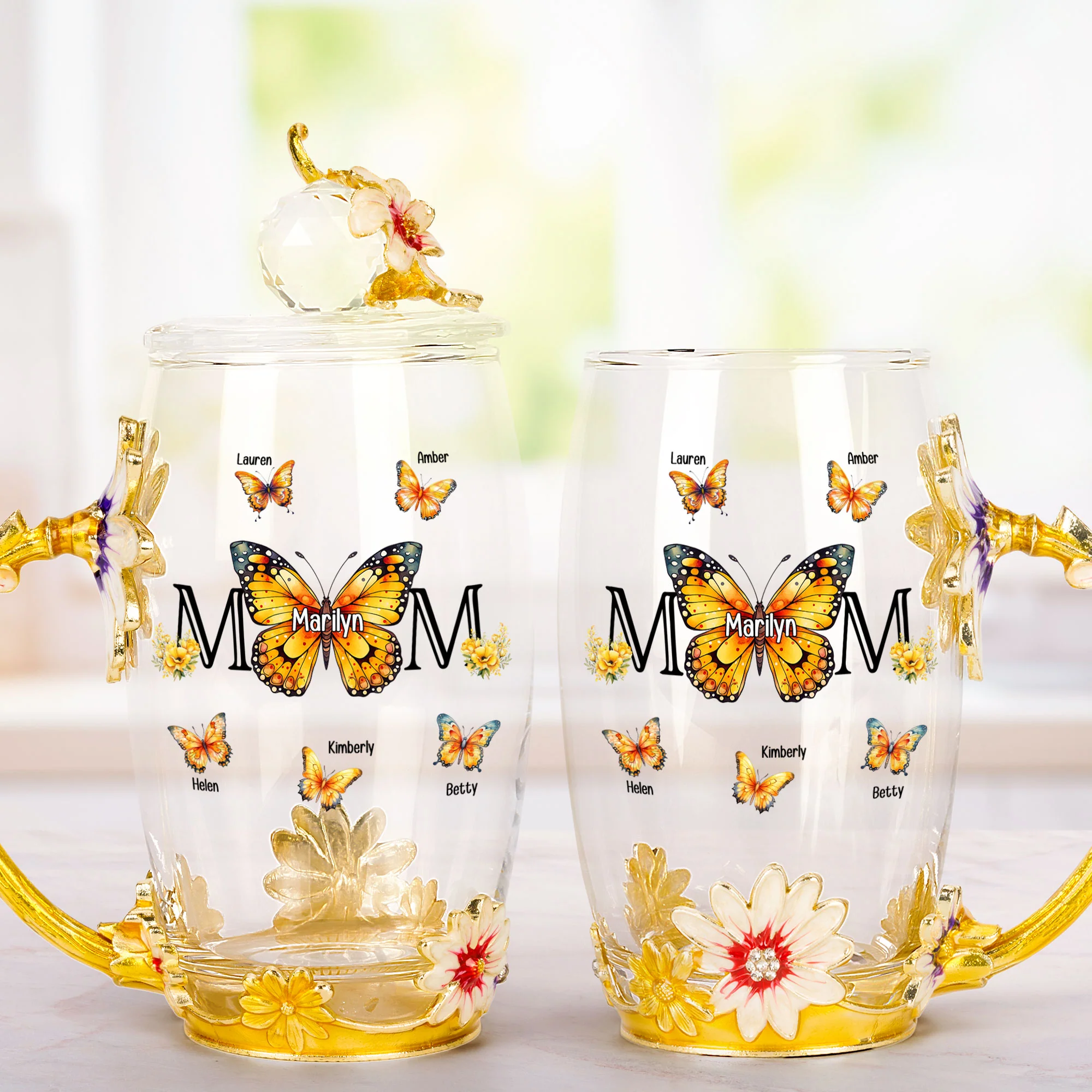 Mom And Children Butterflies - Personalized Enamel Flower Tea Cup - Image 2
