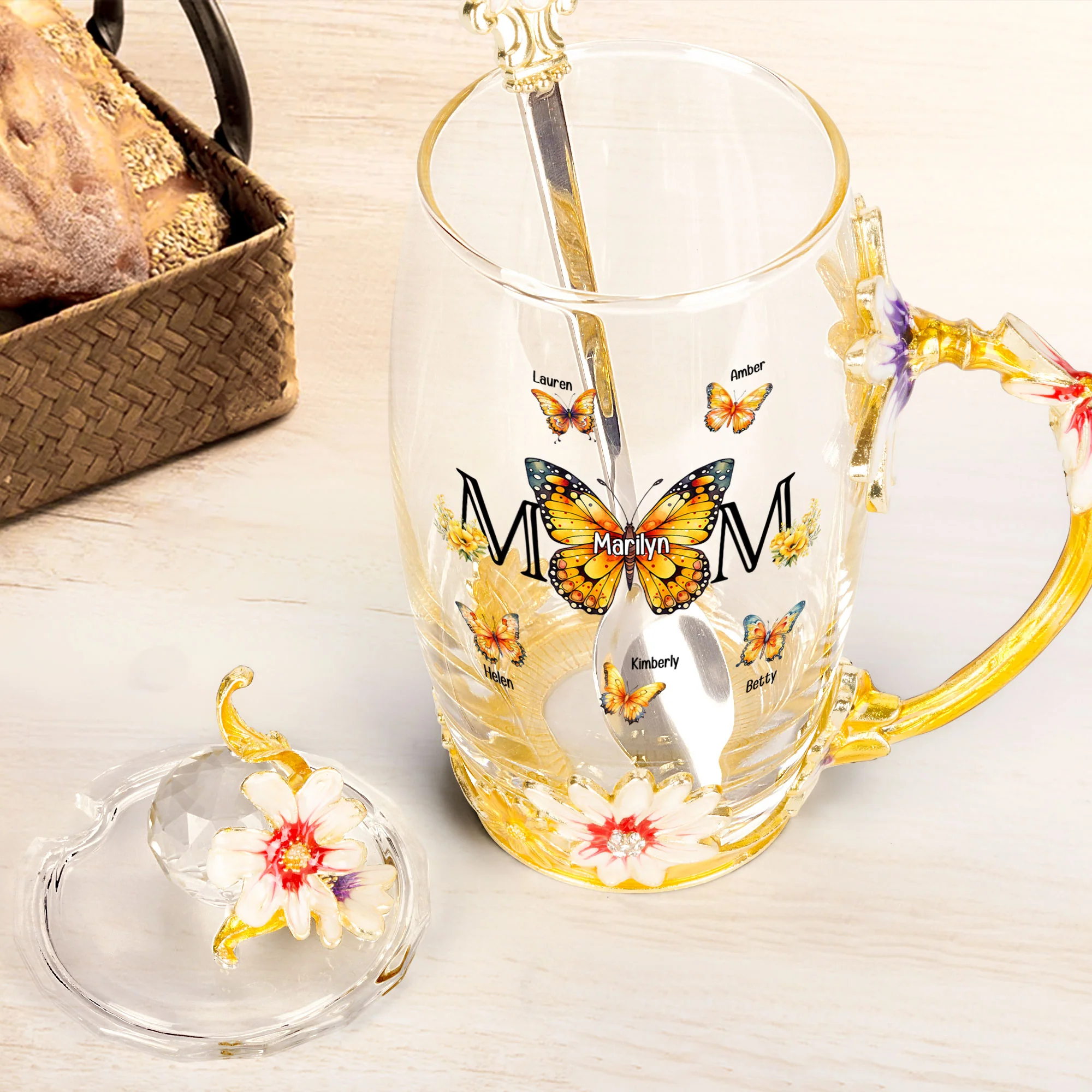 Mom And Children Butterflies - Personalized Enamel Flower Tea Cup - Image 3