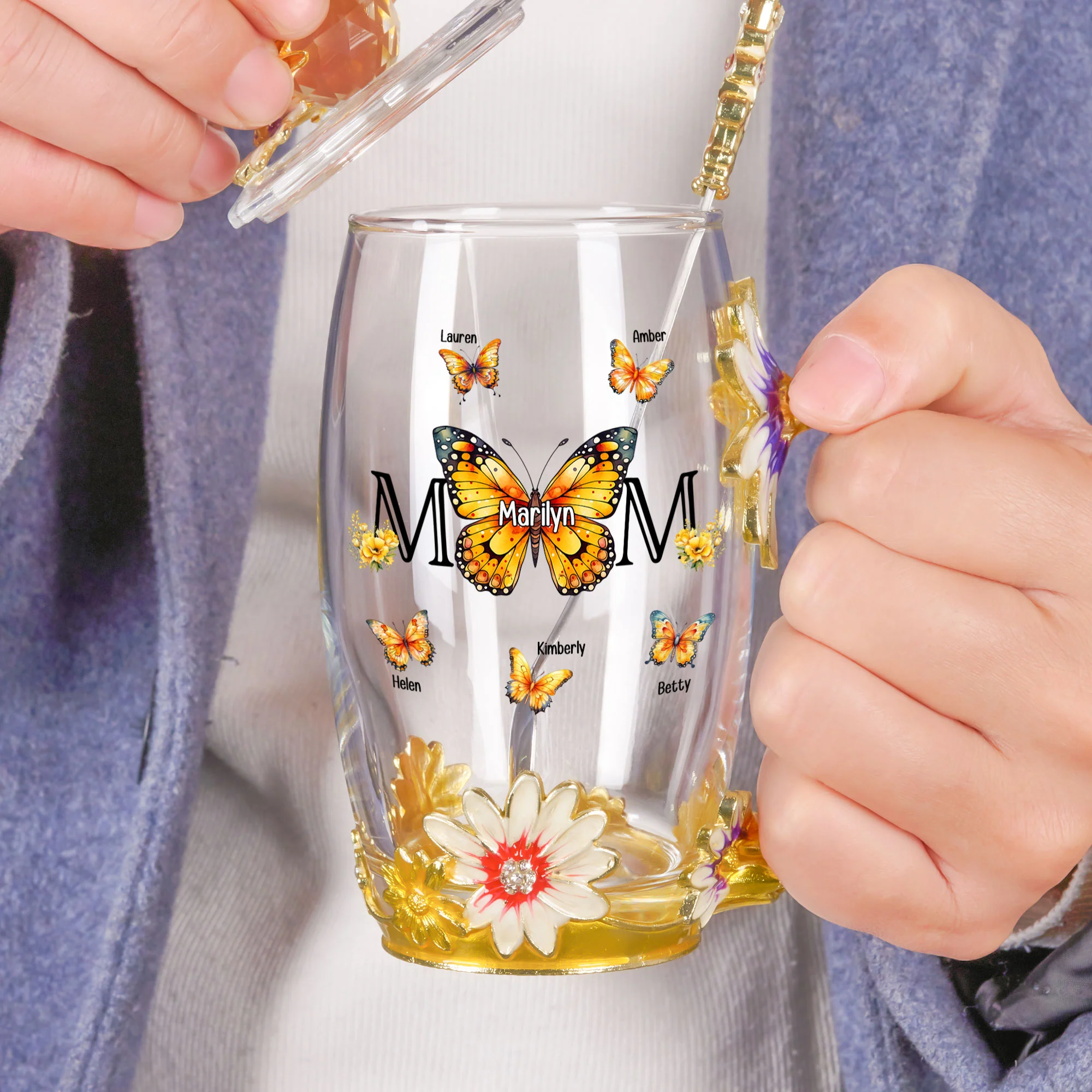 Mom And Children Butterflies - Personalized Enamel Flower Tea Cup - Image 4