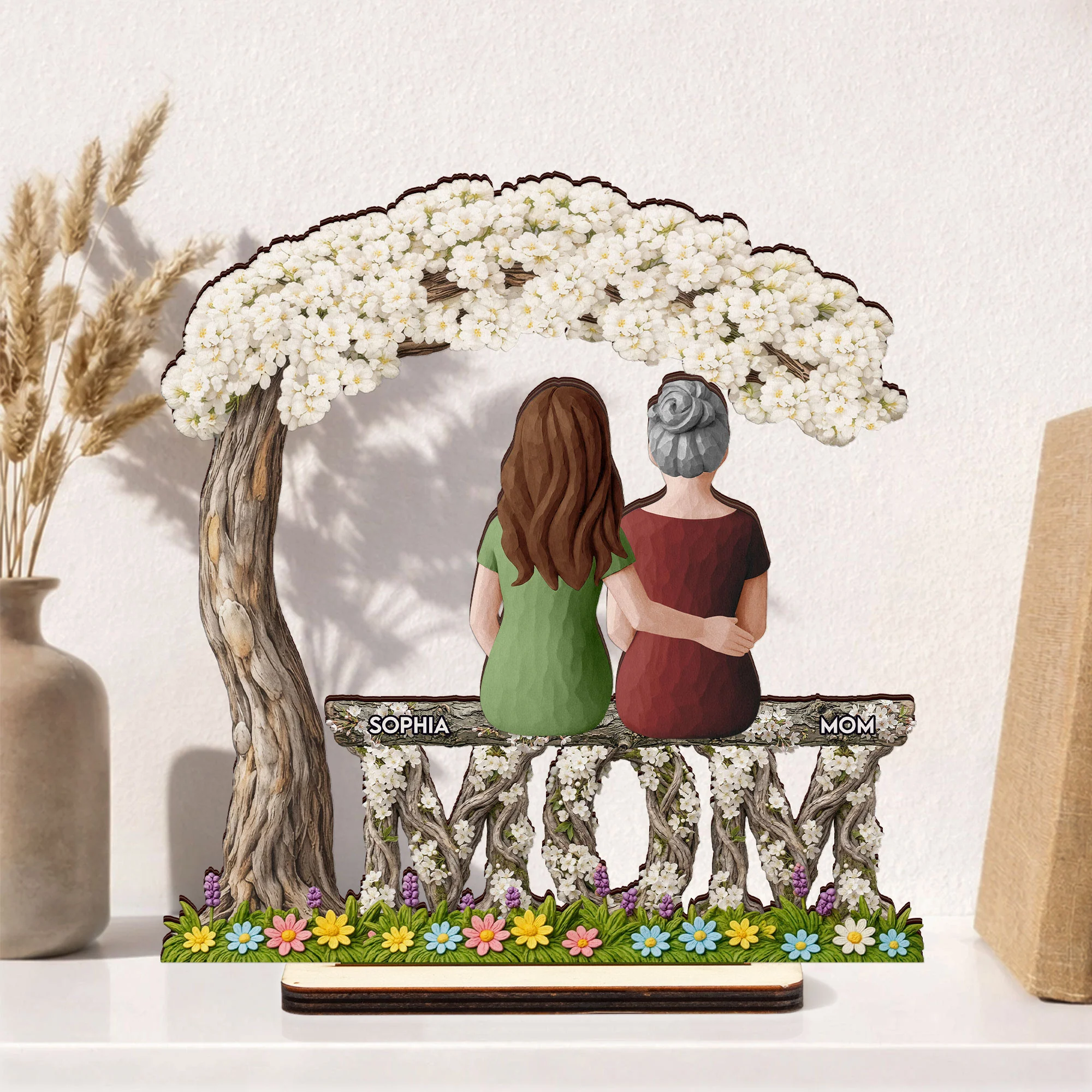 Mom And Children Sitting Together - Personalized Wooden Plaque