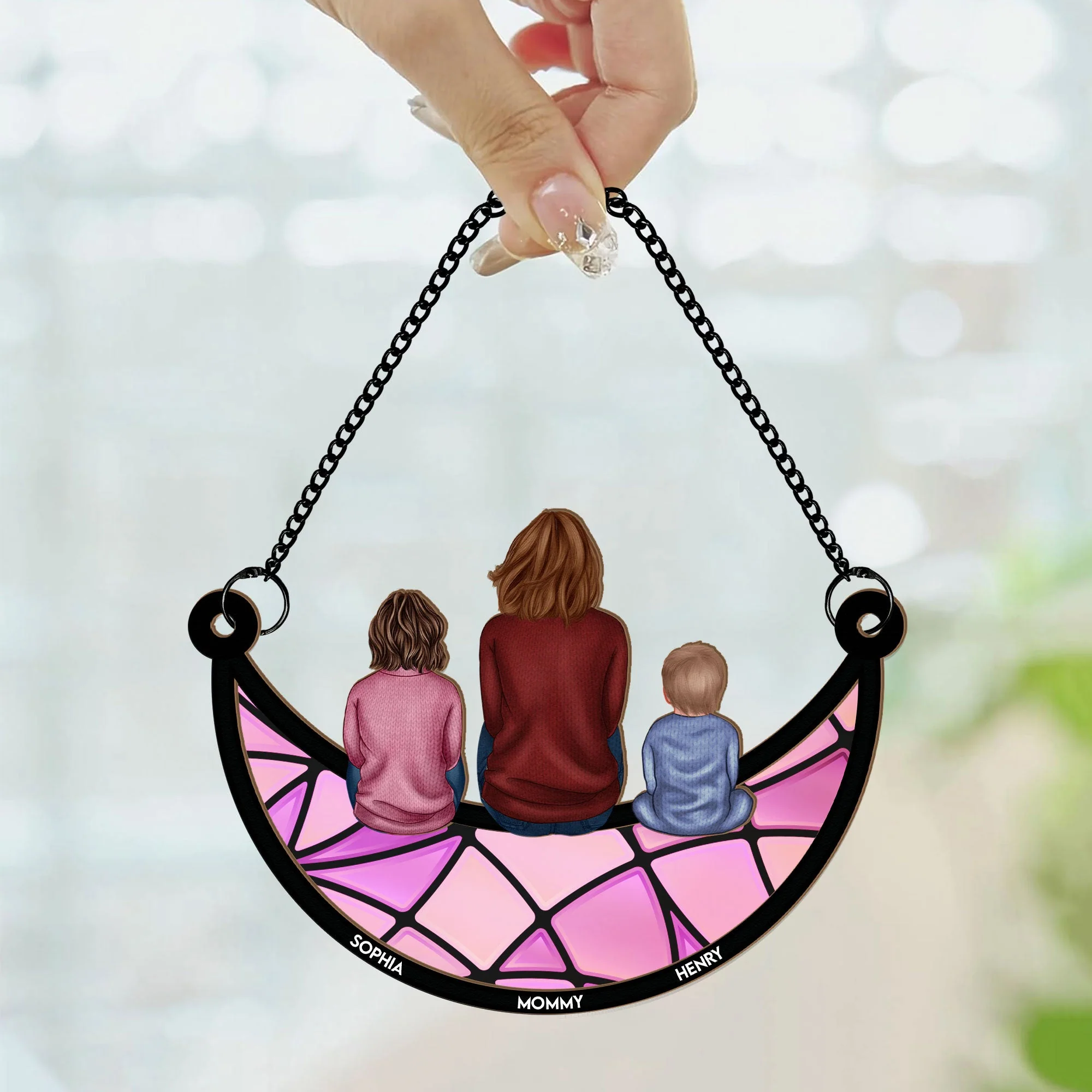 Mom And Her Kids On The Moon - Personalized Window Hanging Suncatcher Ornament - Image 2