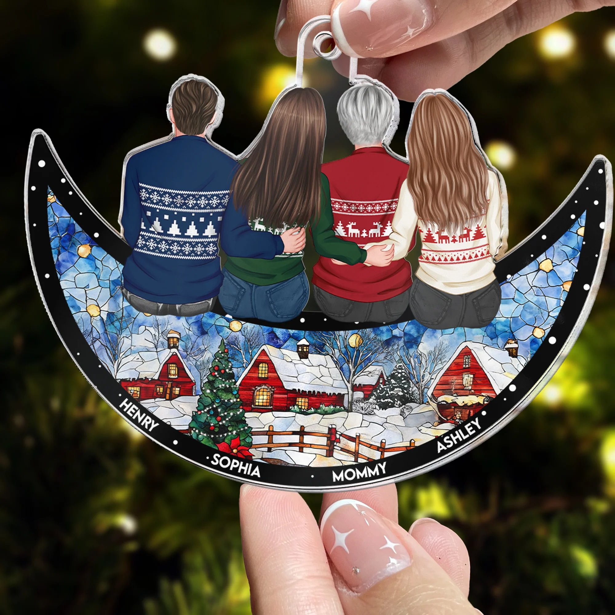 Mom & Children Sitting On The Moon - Christmas Time - Personalized Acrylic Ornament - Image 2