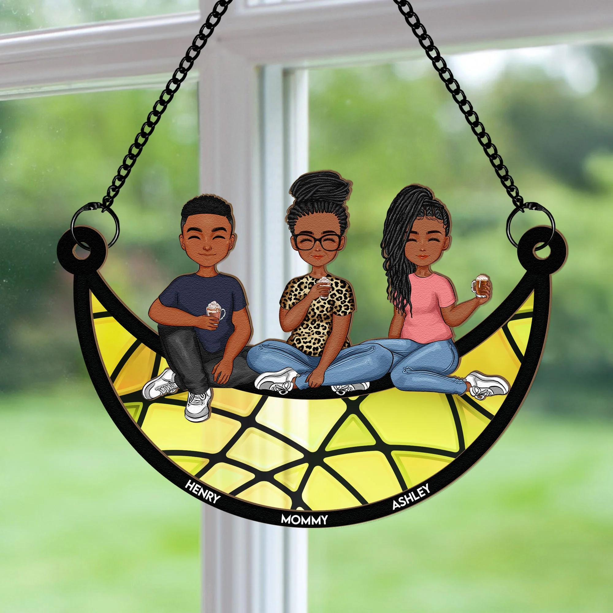 Mom & Children Sitting On The Moon - Personalized Window Hanging Suncatcher Ornament - Image 3