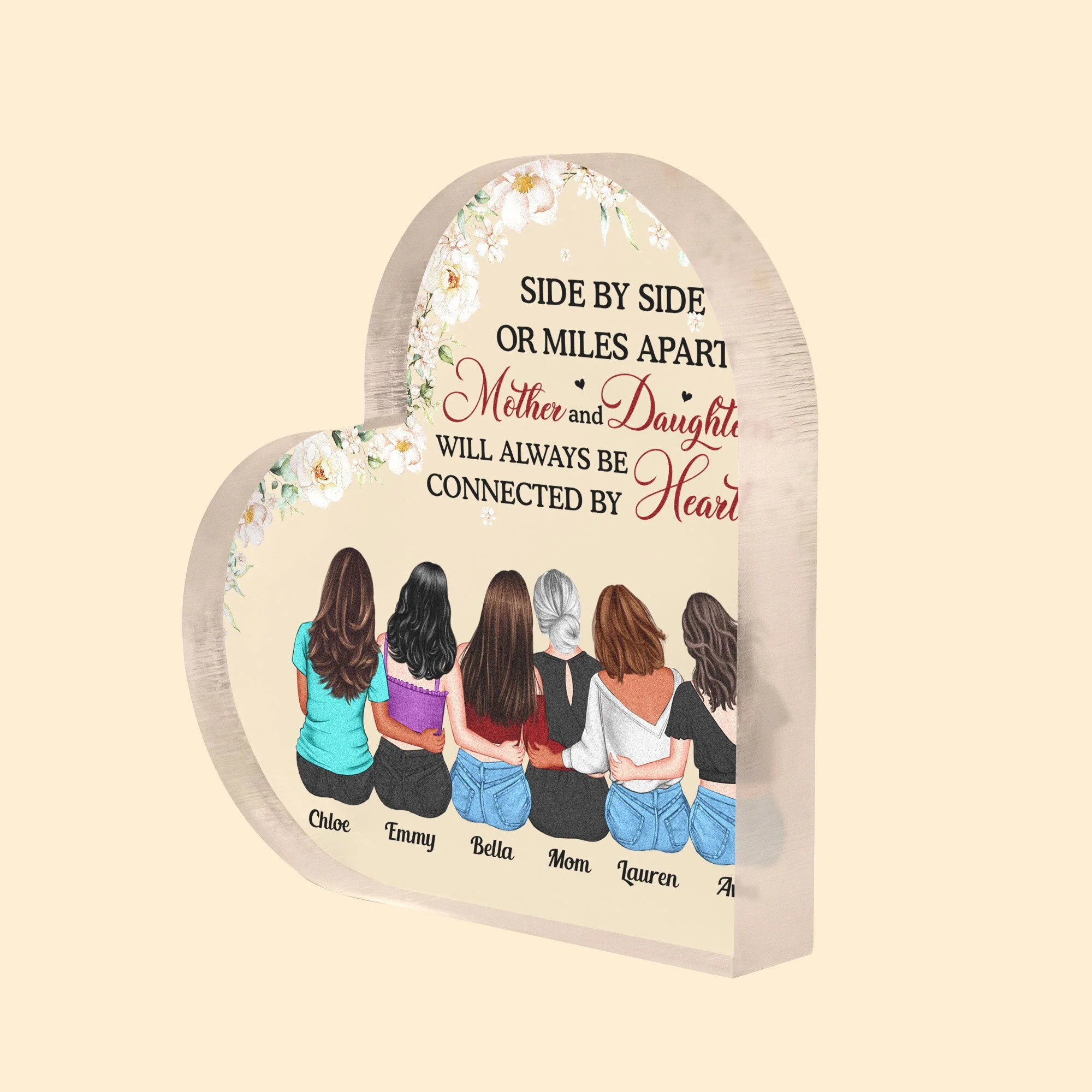 Mom & Daughters Are Connected By Heart - Personalized Heart Shaped Acrylic Plaque - Image 2