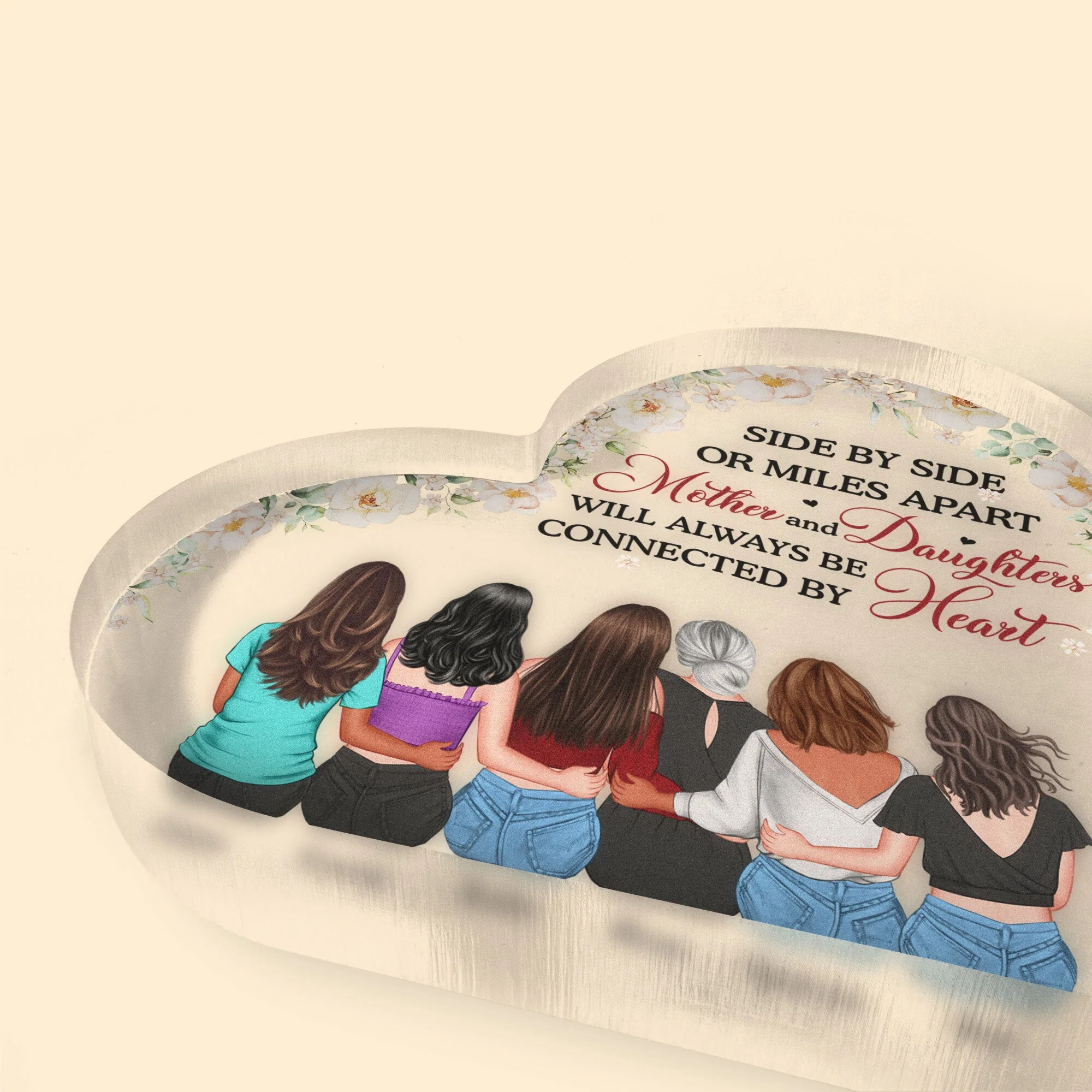Mom & Daughters Are Connected By Heart - Personalized Heart Shaped Acrylic Plaque - Image 3