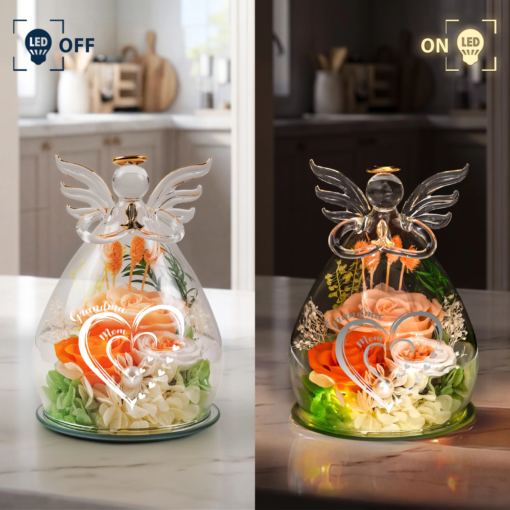 Mom Grandma Hearts Custom Kids' Names - Personalized Flower In Glass Angel Figurines - Image 5