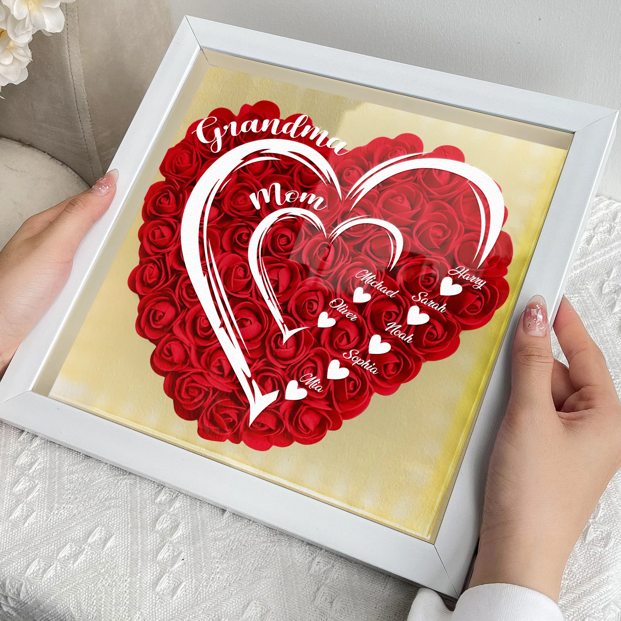 Mom Grandma Hearts Custom Kids' Names - Personalized Flower Shadow Box With LED Light - Image 4