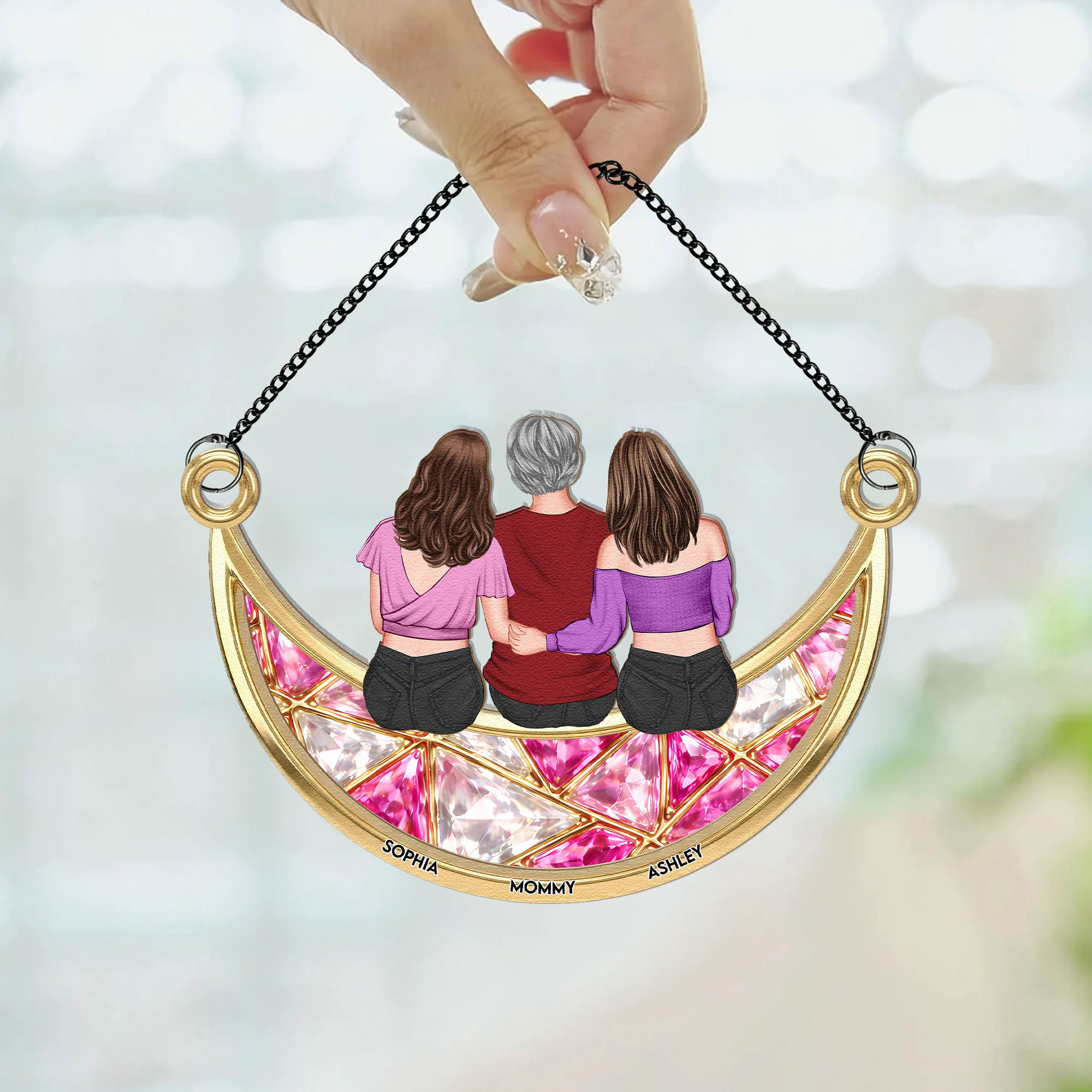 Mom, Her Children On The Moon - Personalized Window Hanging Suncatcher - Image 2