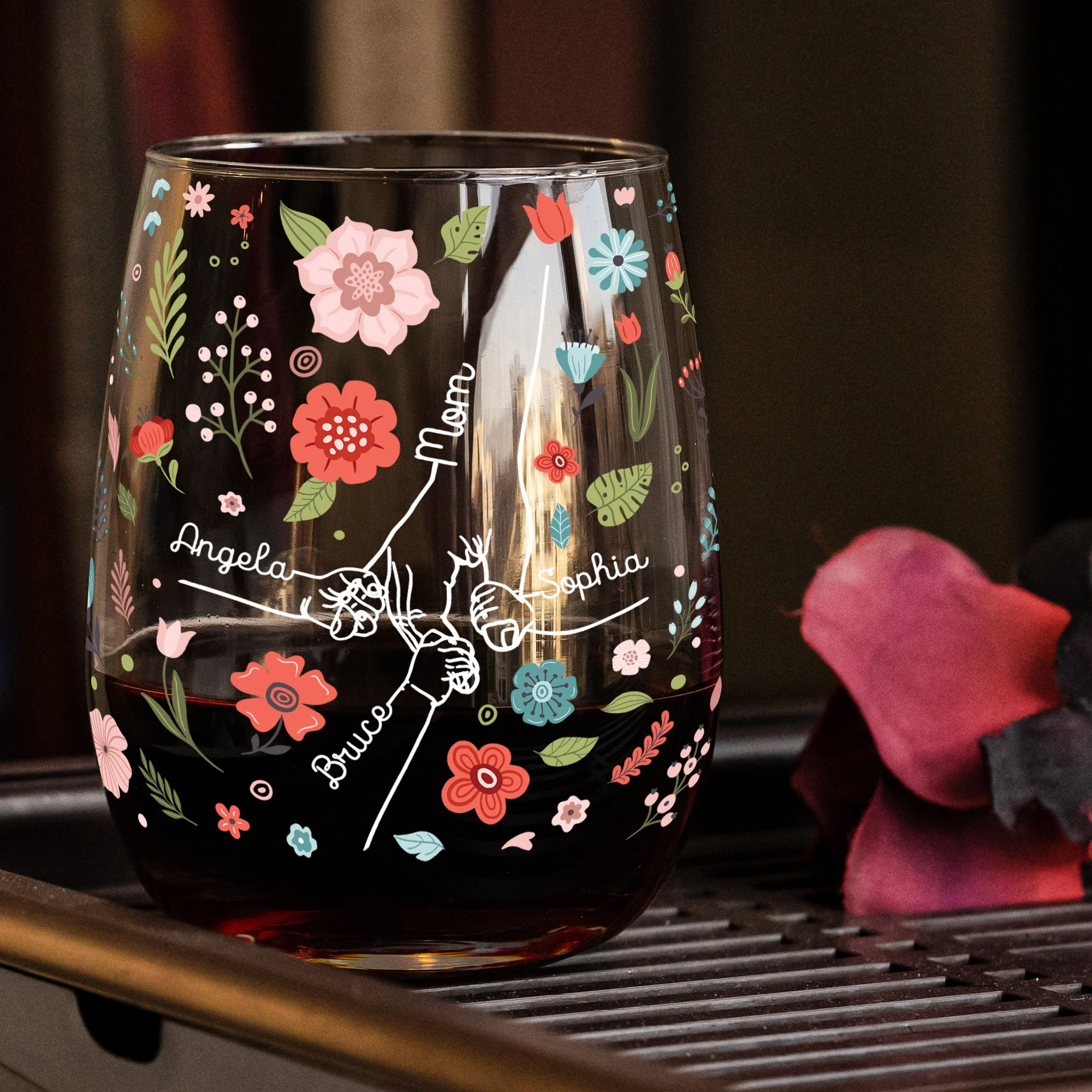 Mom Holding Kids' Hands - Mom, Grandma Mother's Day Gifts - Personalized Stemless Wine Glass - Image 2
