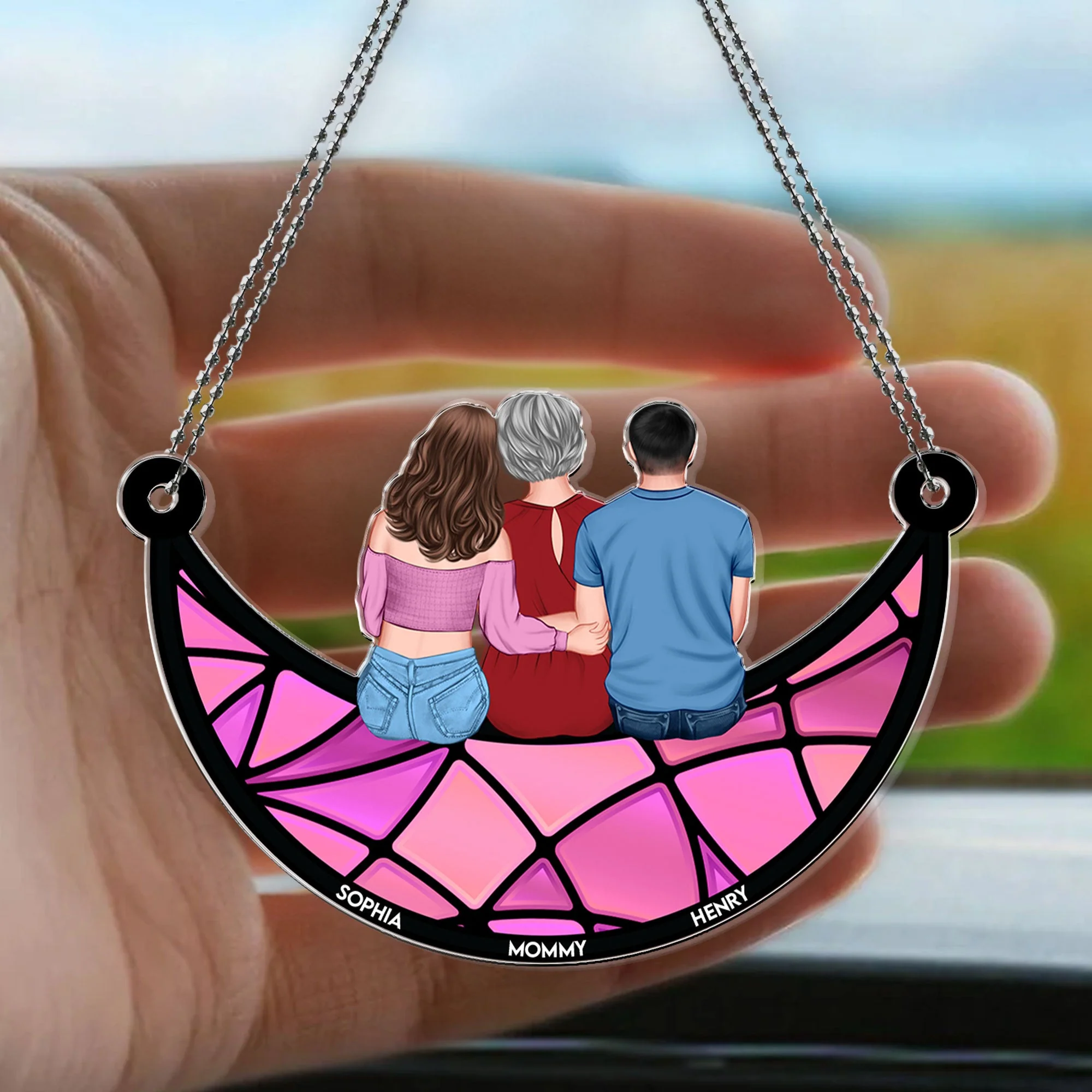 Mommy & Children On The Moon - Personalized Rear View Mirror Accessory - Image 2