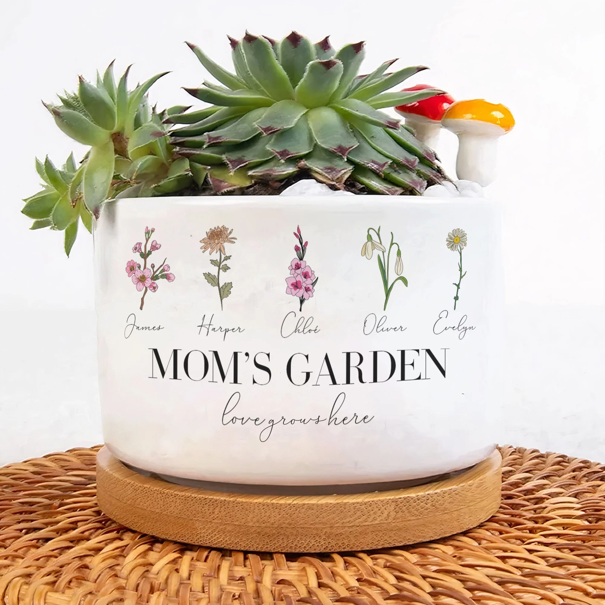 Mom's Garden Love Grows Here Custom Birthflower - Personalized Ceramic Plant Pot With Tray - Image 3