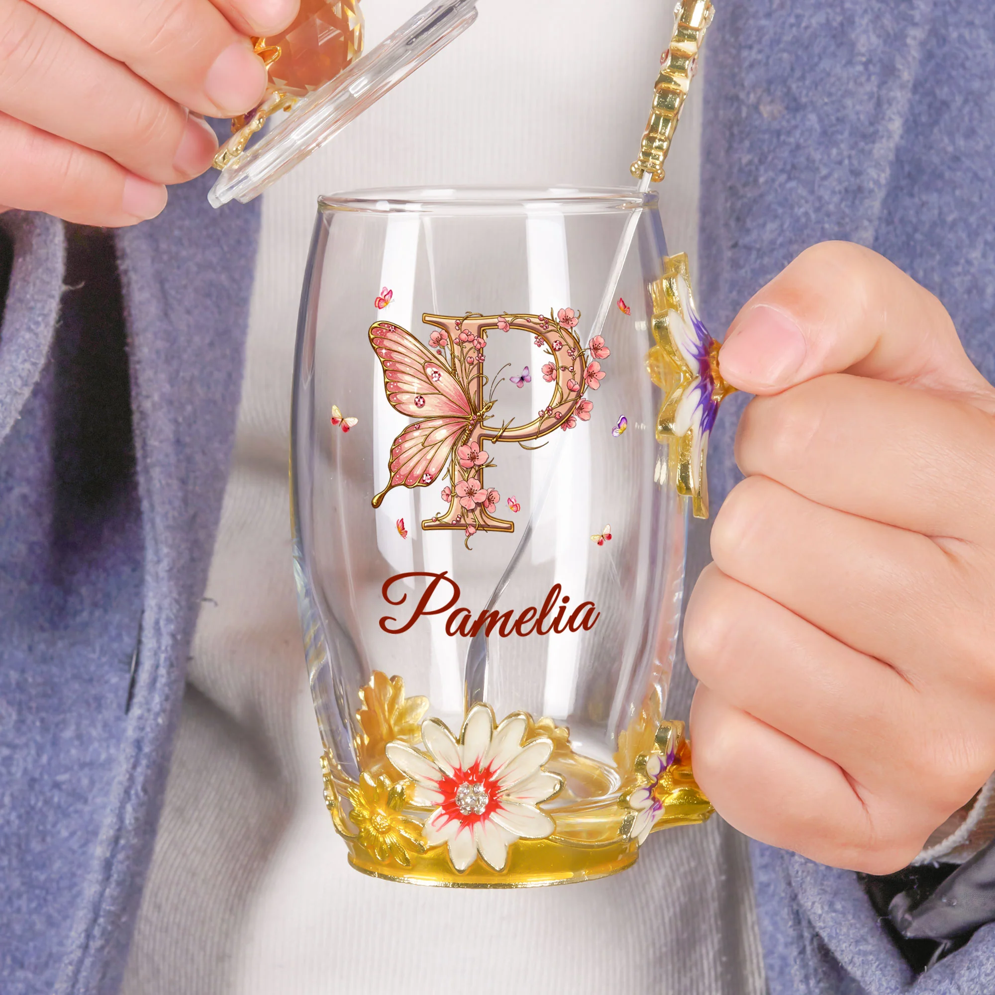 Monogram Cup Custom Name Tea Cup - Personalized Enamel Flower Tea Cup - Image 3