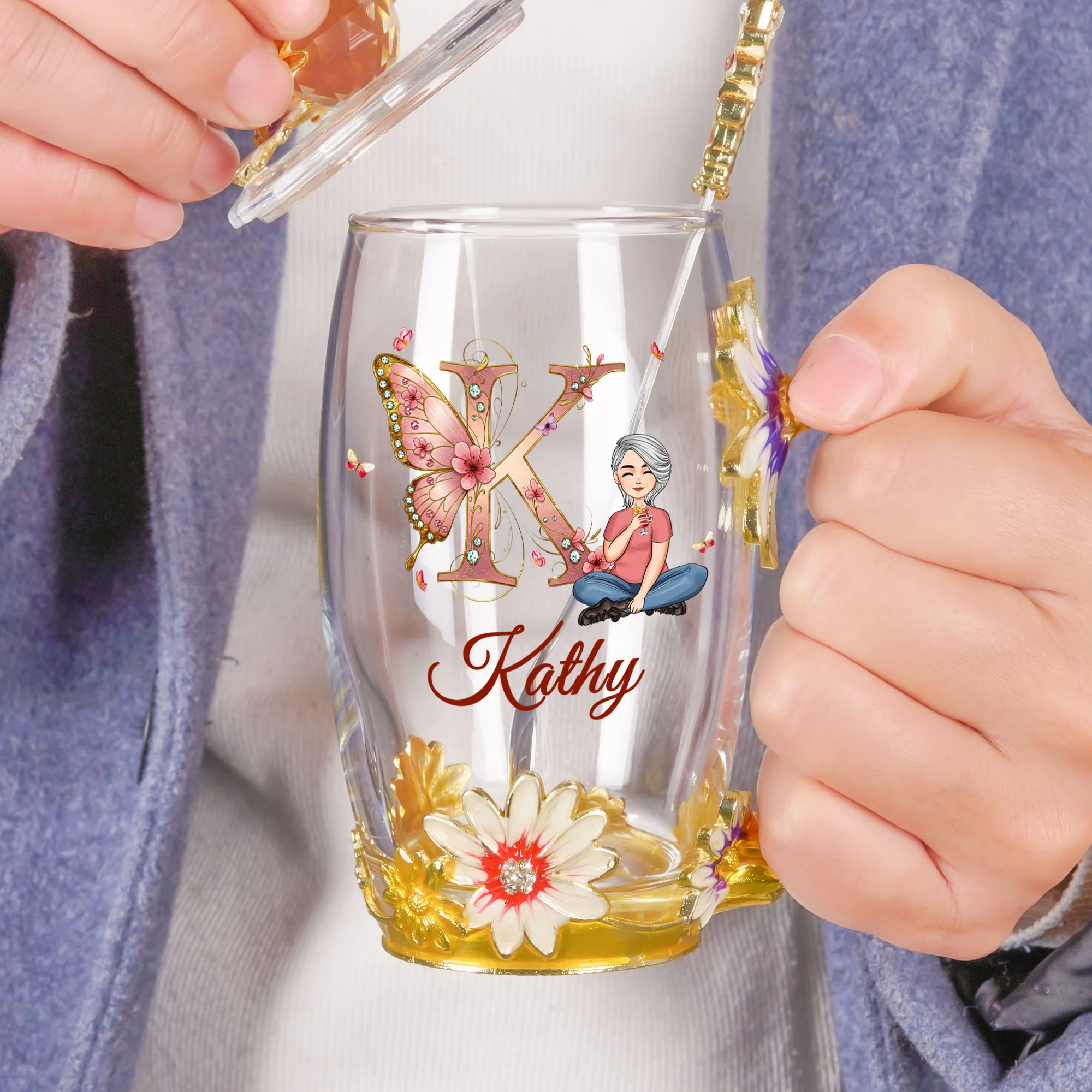 Monogram Letters Mother's Day Birthday Gift For Her - Personalized Enamel Flower Tea Cup - Image 4