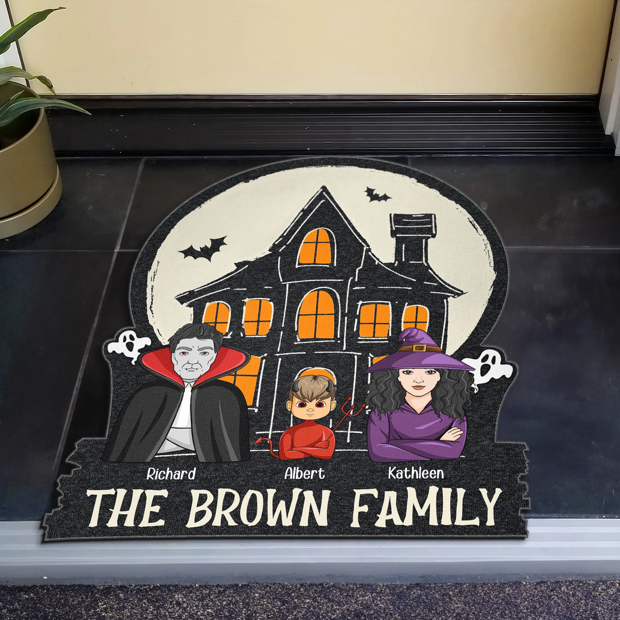 Monster Family In Halloween Haunted House - Personalized Doormat - Image 4