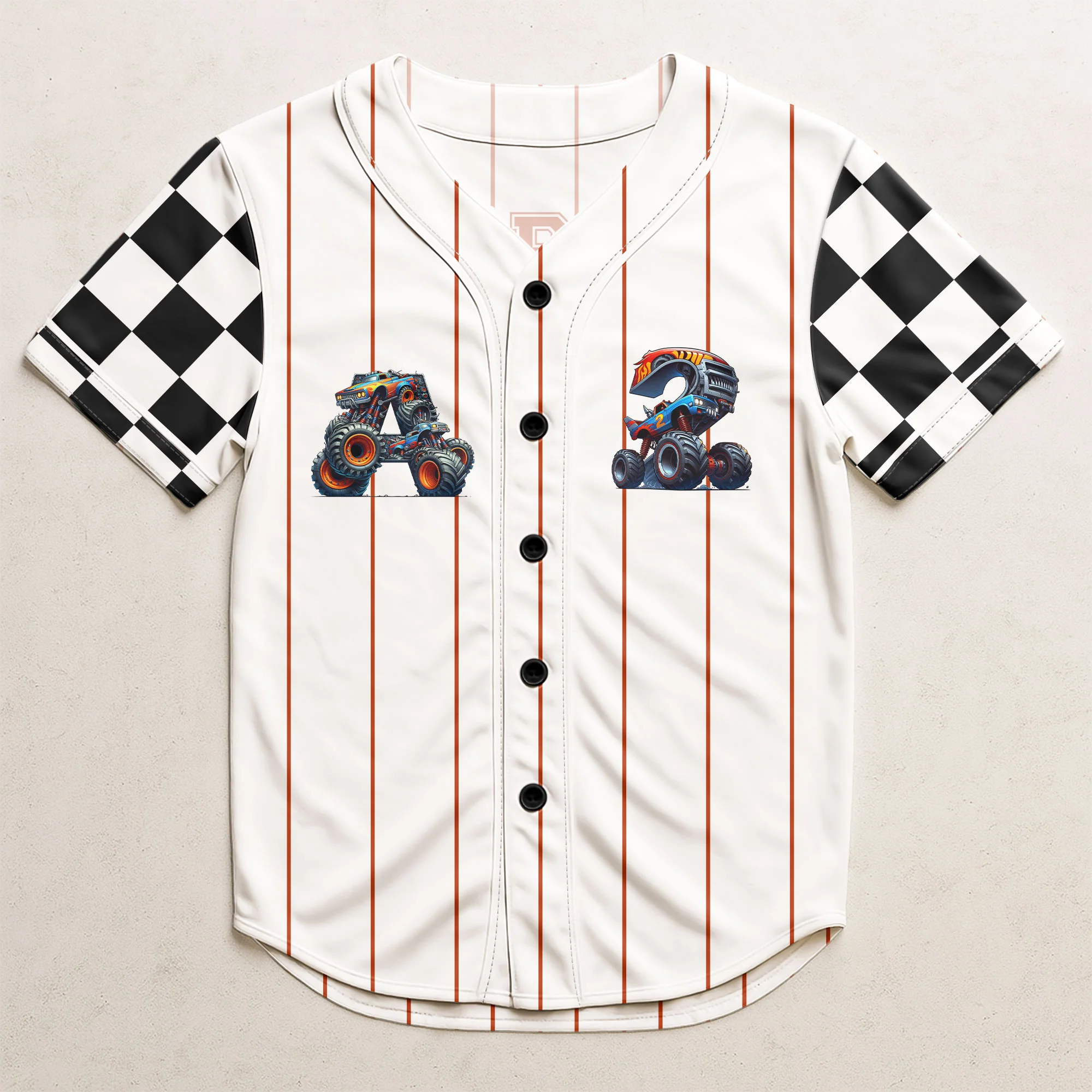Monster Truck Alphabet Letters - Personalized Kids Baseball Jersey - Image 2