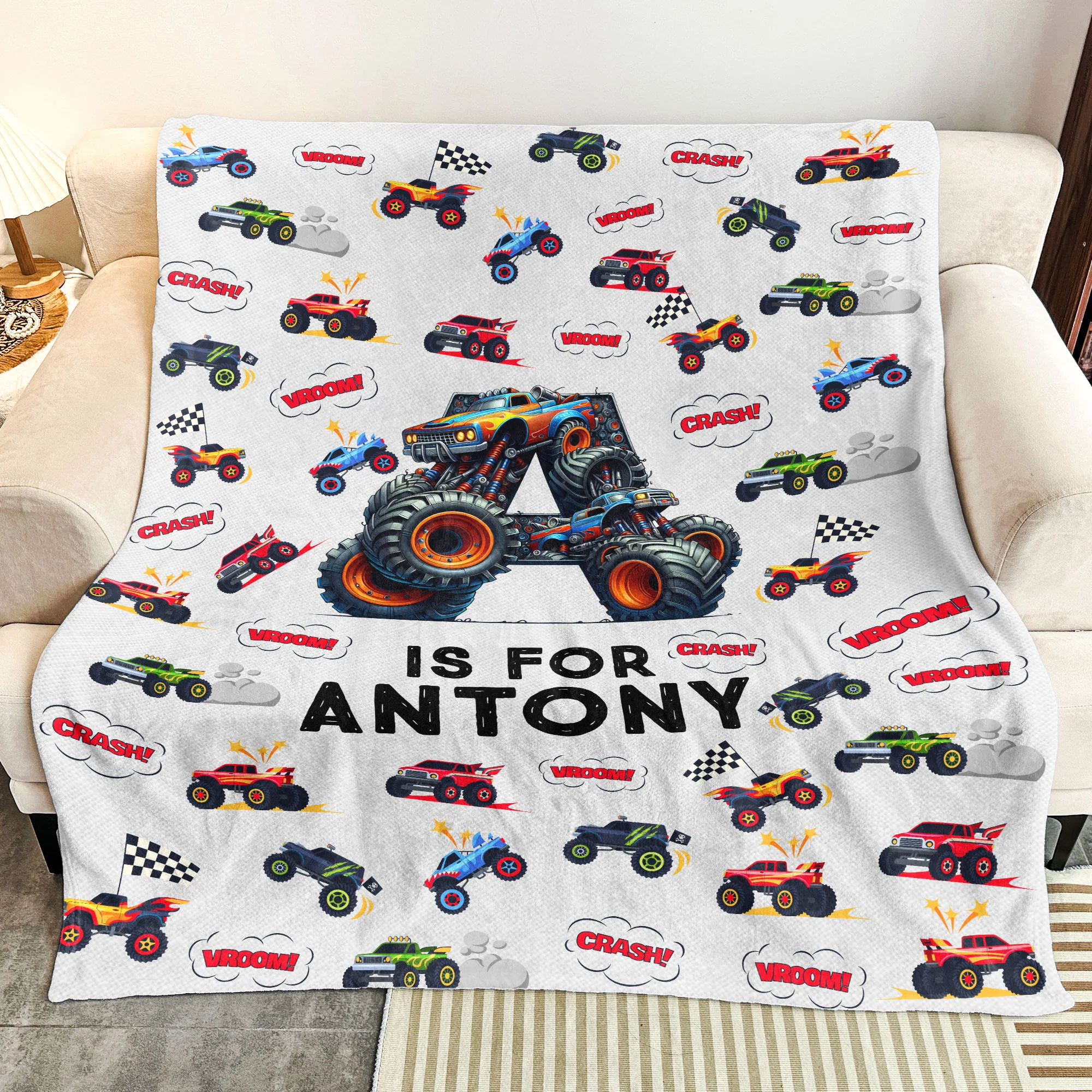 Monster Truck, Unicorn, Astronaut Letter - Personalized Blanket - Image 3