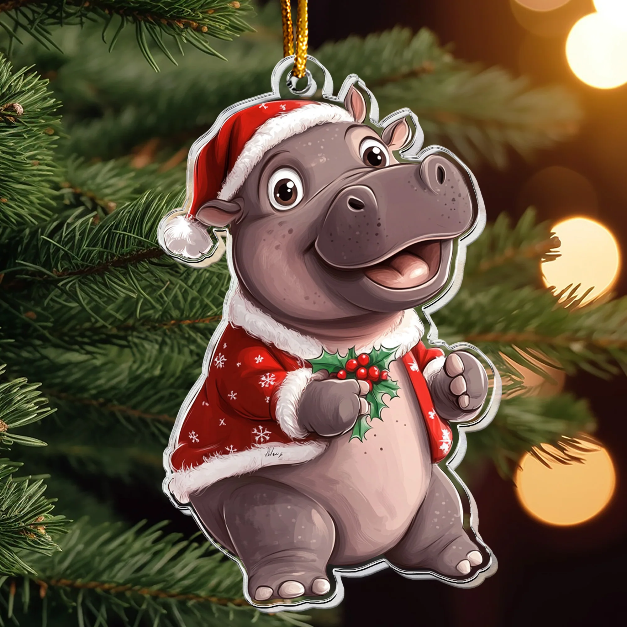 Moo Deng Christmas Ornament - Baby Hippo Ornament - Personalized Acrylic Ornament - Image 2