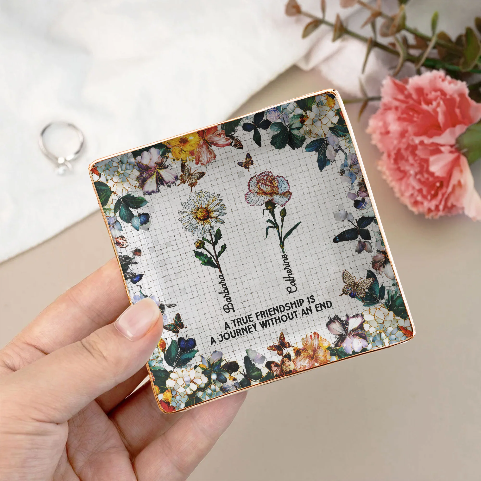 Mosaic Style Birth Flowers A True Friendship Is A Journey - Personalized Jewelry Dish - Image 3