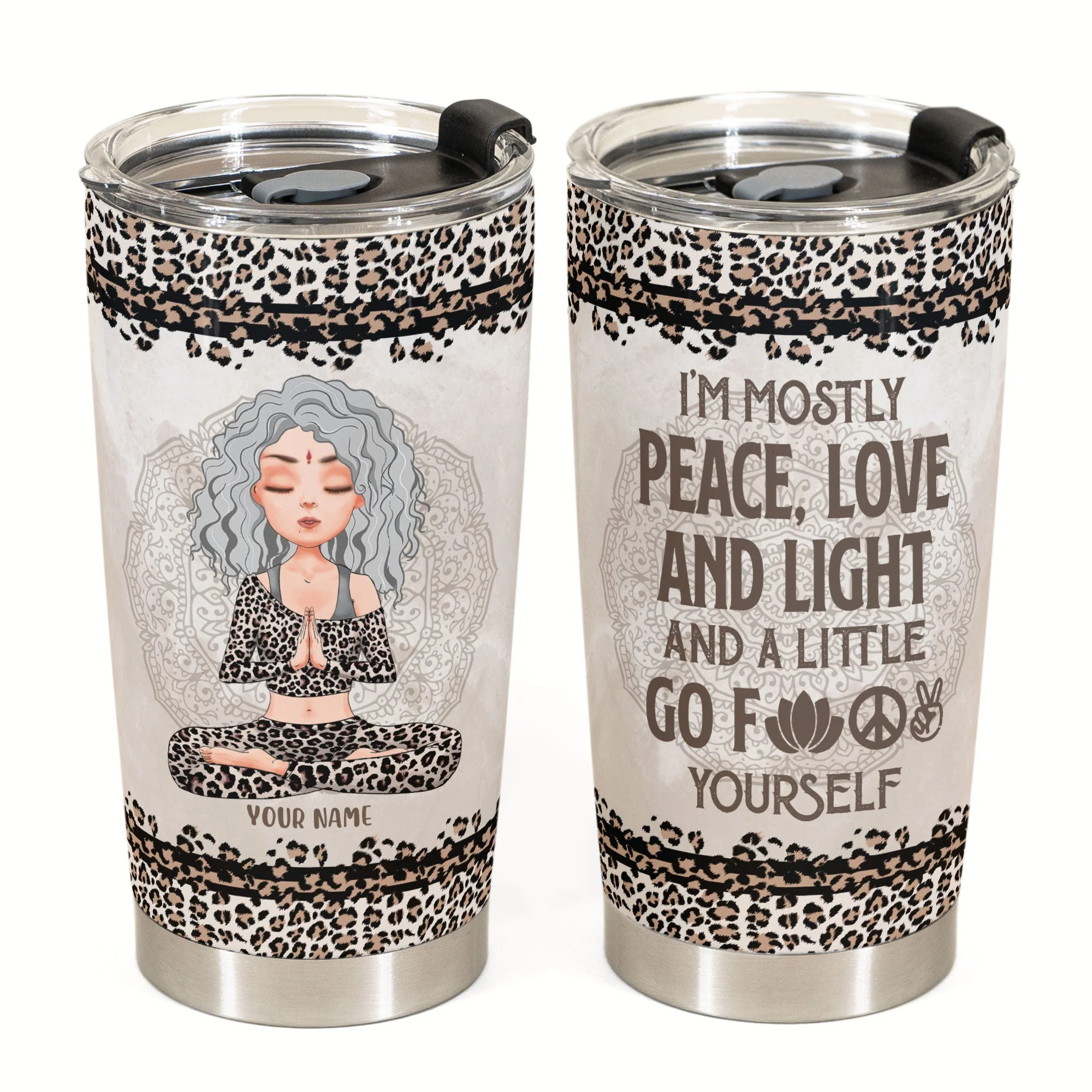 Mostly Peace Love And Light - Personalized Tumbler Cup - Birthday Gift For Yoga Lover - Leopard Pattern Design - Image 2