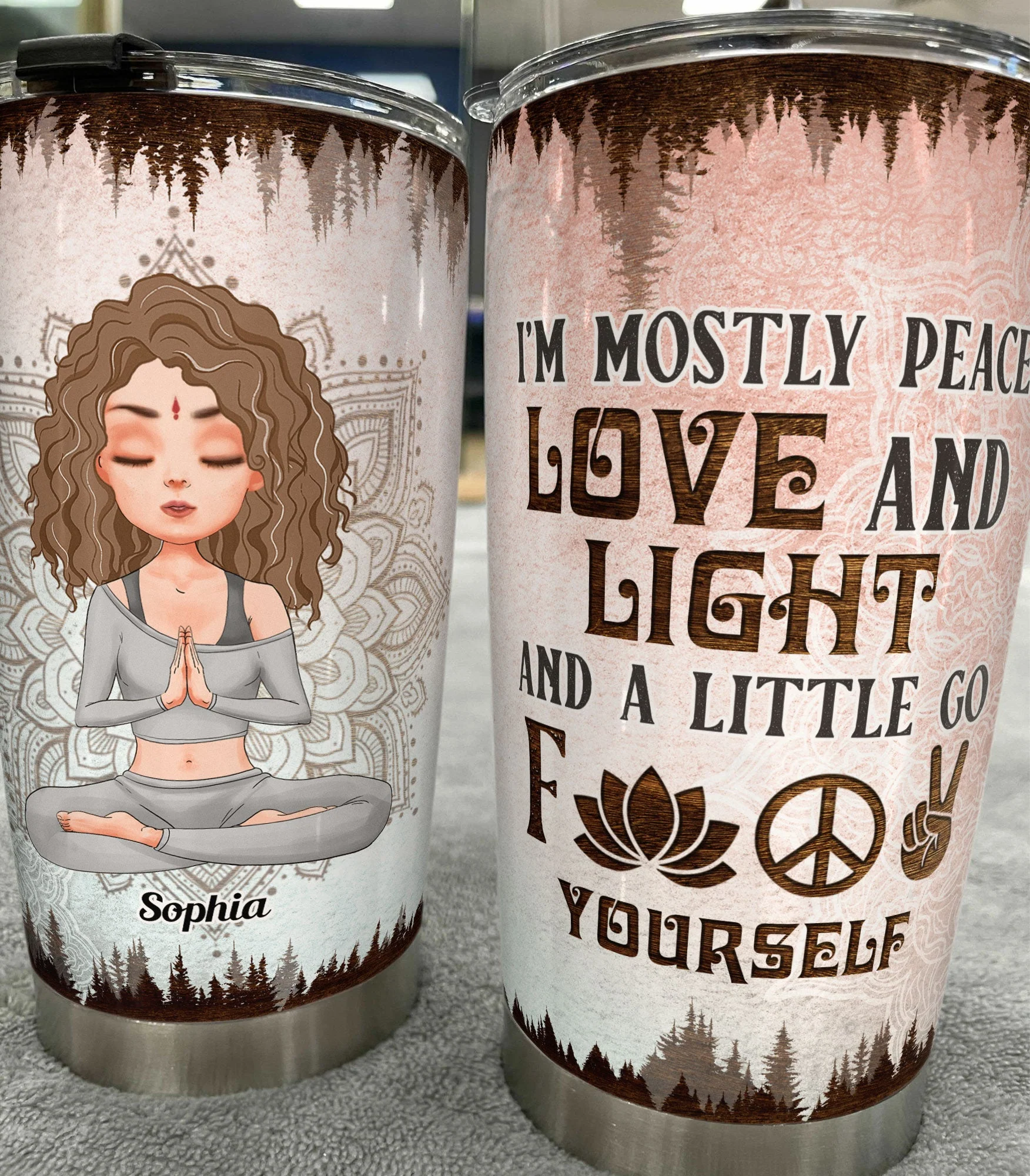 Mostly Peace Love And Light - Personalized Tumbler Cup - Gift For Yoga Lover - Yoga Girl Illustration - Image 2