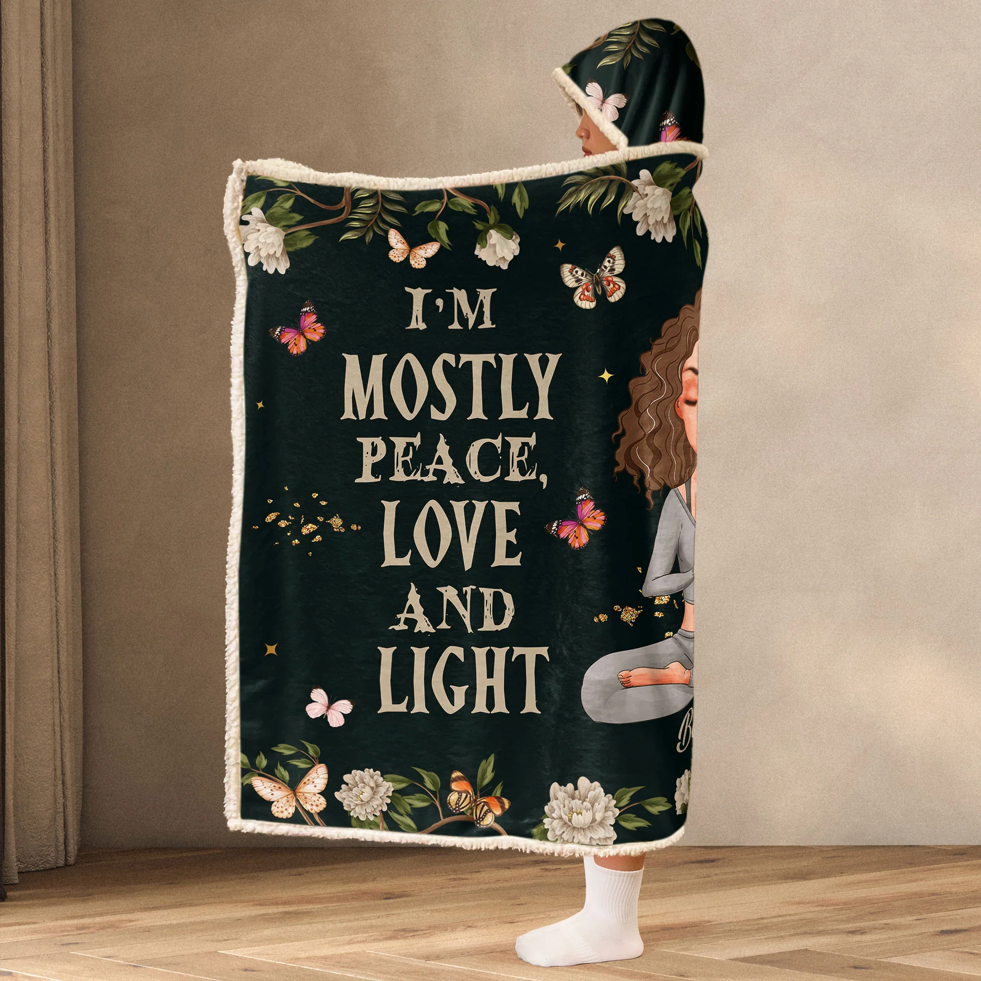 Mostly Peace Love And Light - Personalized Wearable Blanket Hoodie - Image 4