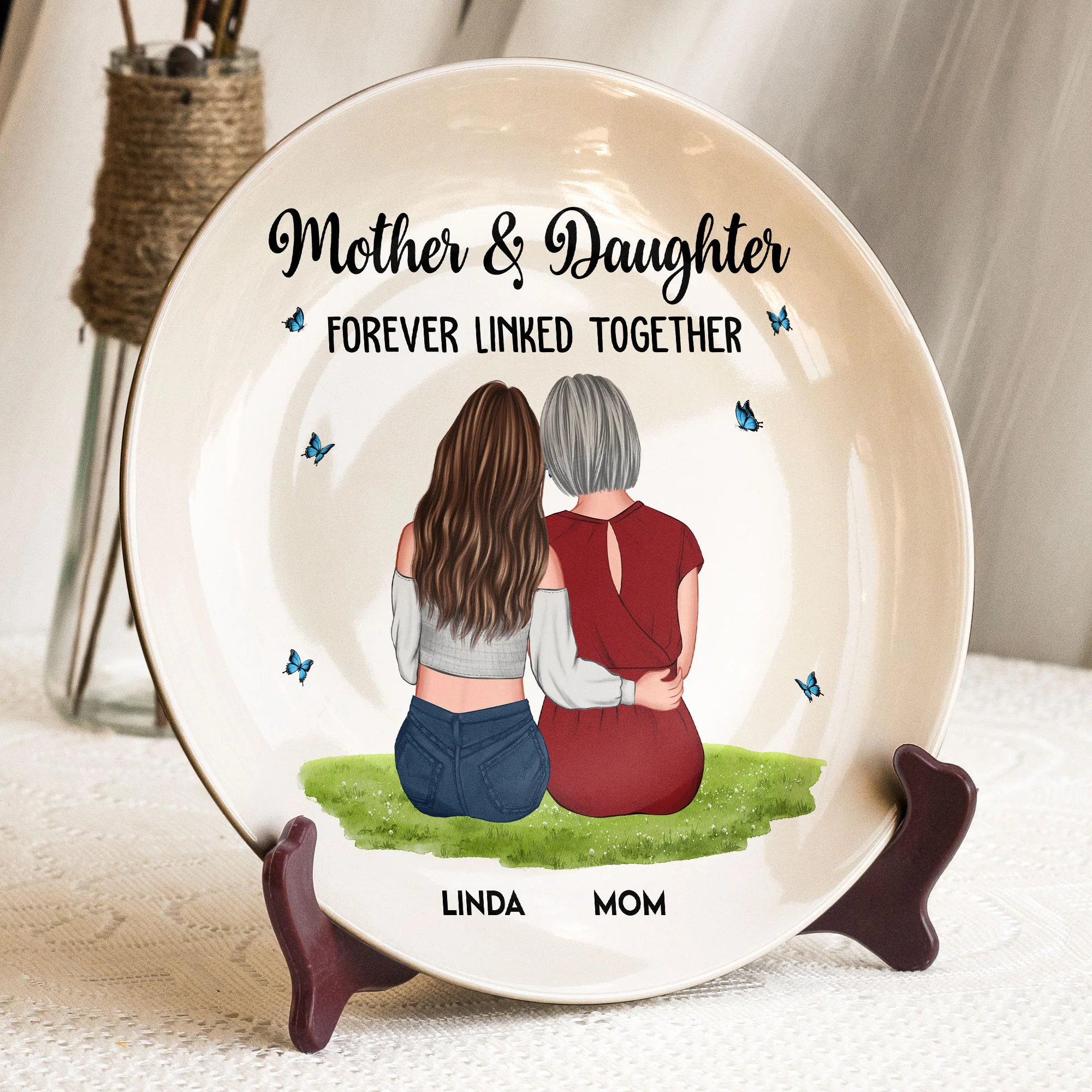 Mother And Daughter Forever Linked Together - Personalized Ceramic Plate - Image 2