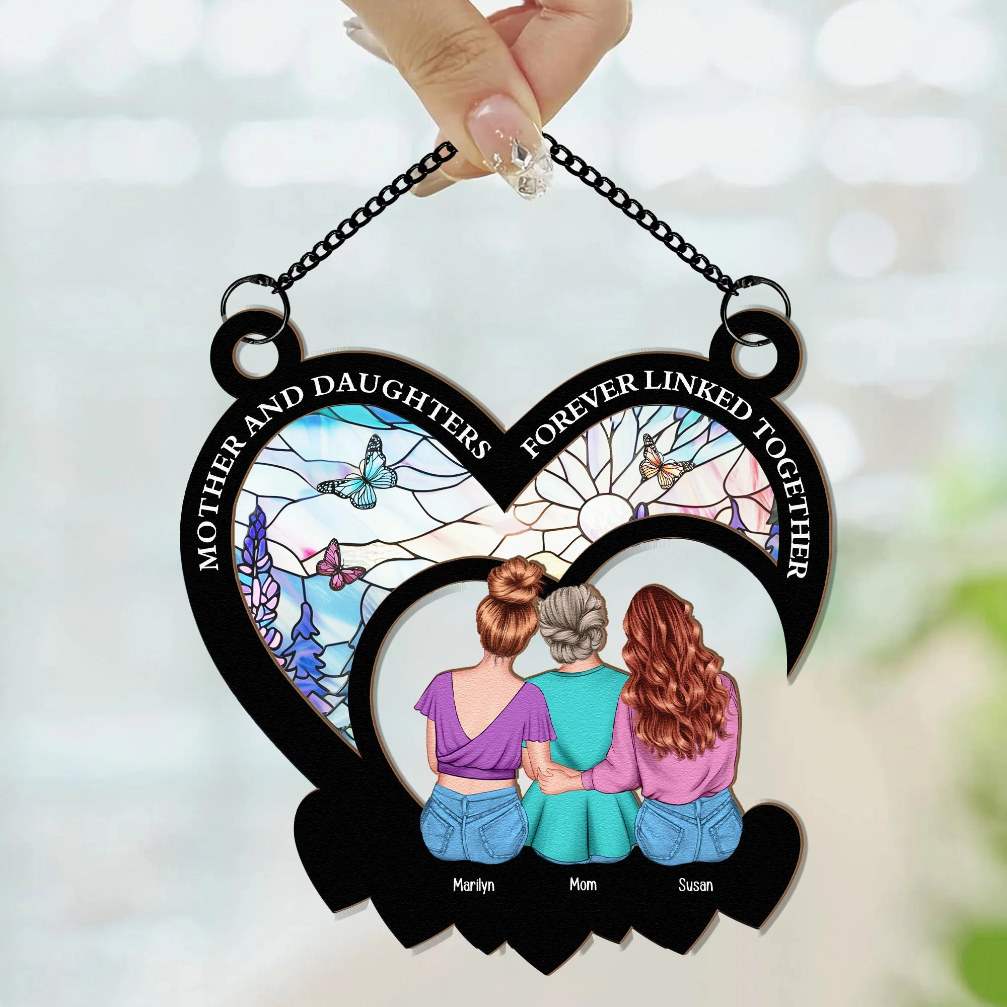 Mother And Daughters Forever Linked Together - Personalized Window Hanging Suncatcher Ornament - Image 3
