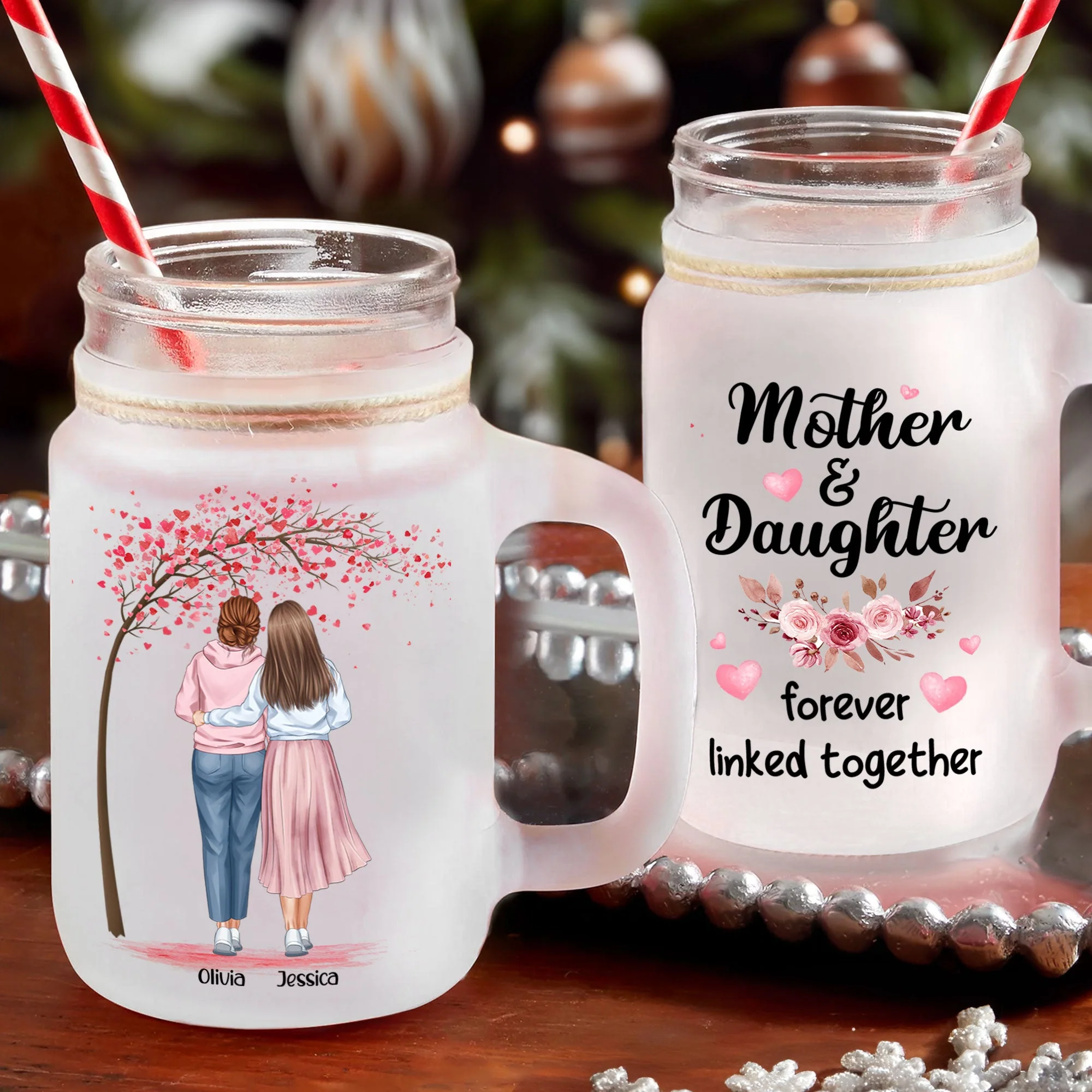 Mother And Daughters - Personalized Mason Jar Cup With Straw - Image 3