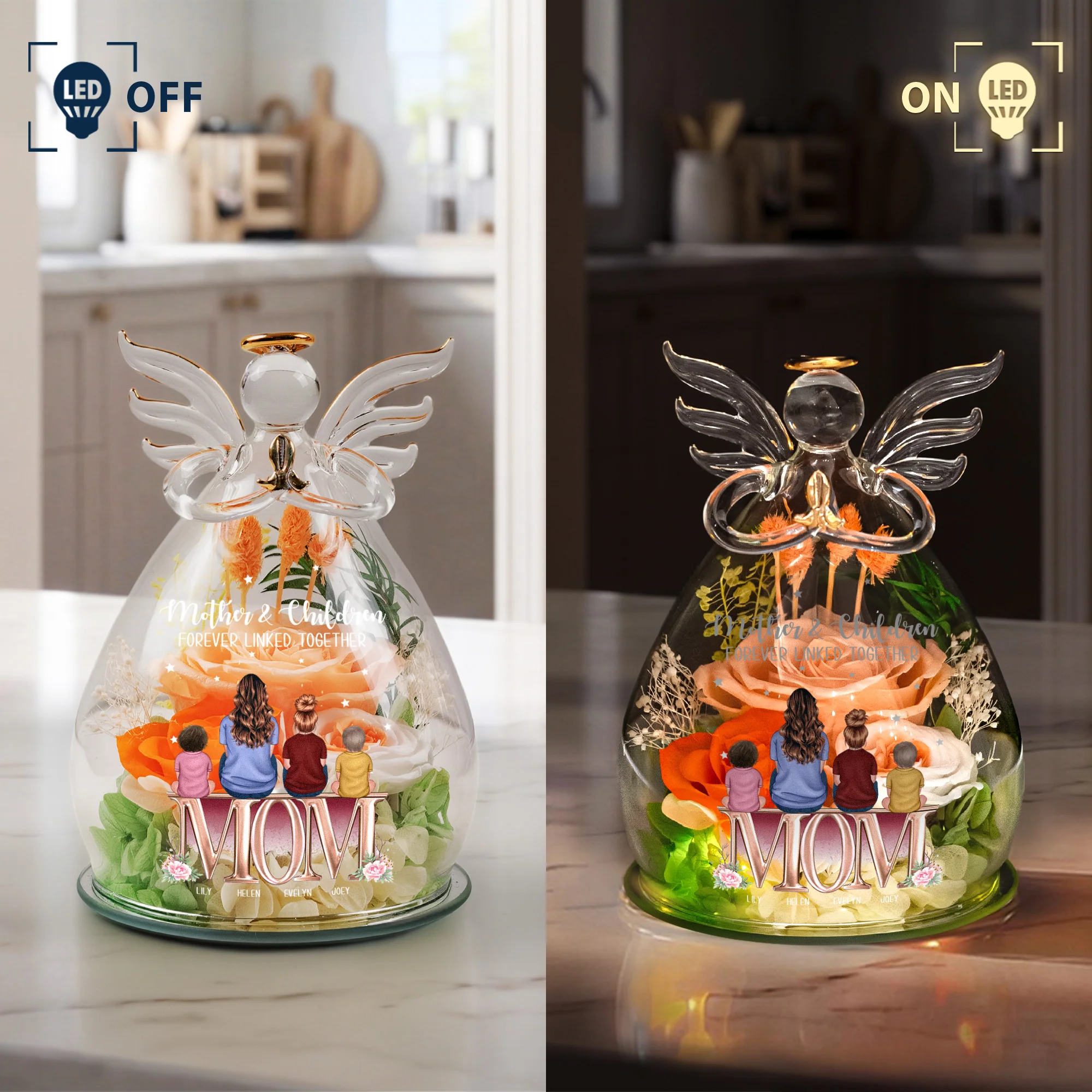Mother & Children Forever Linked Together - Personalized Flower In Glass Angel Figurines - Image 5