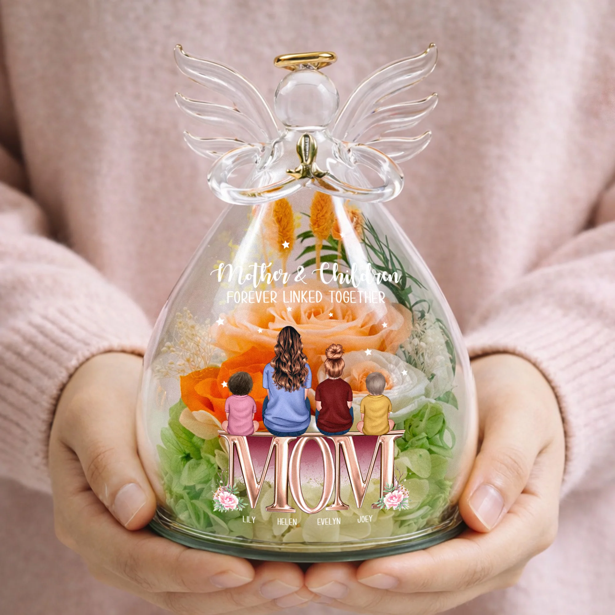 Mother & Children Forever Linked Together - Personalized Flower In Glass Angel Figurines - Image 6