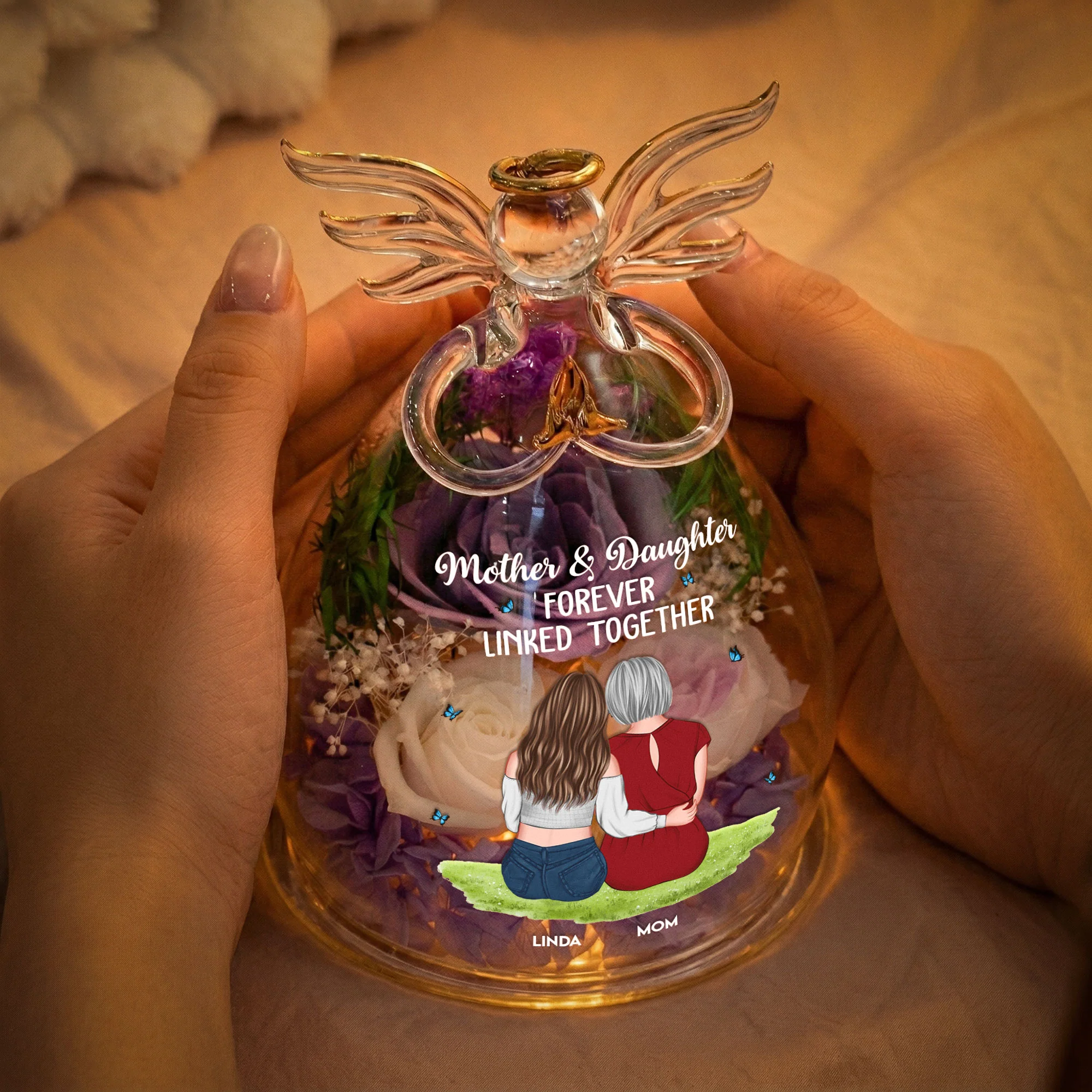 Mother & Daughter Forever Linked Together - Personalized Flower In Glass Angel Figurines - Image 3