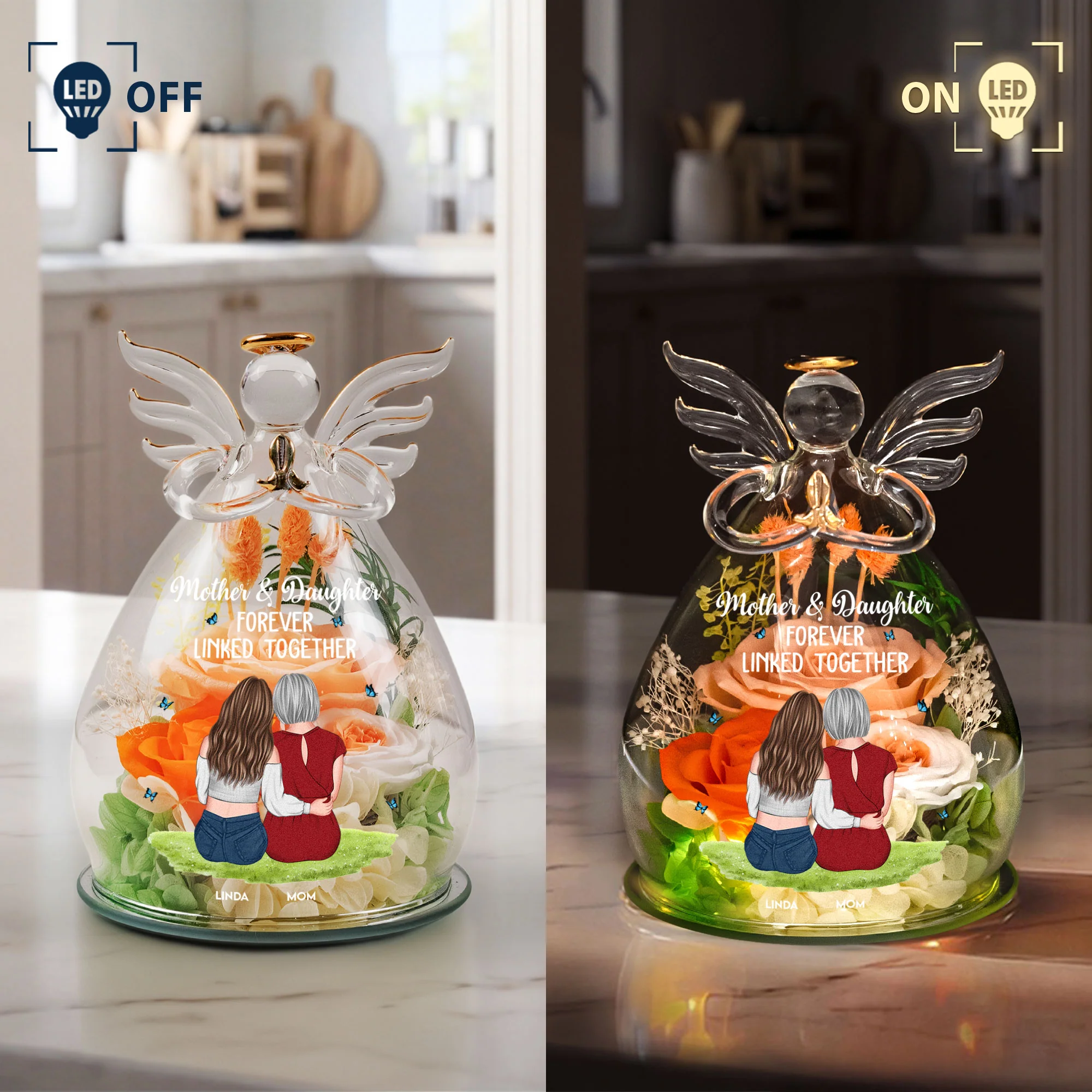 Mother & Daughter Forever Linked Together - Personalized Flower In Glass Angel Figurines - Image 5