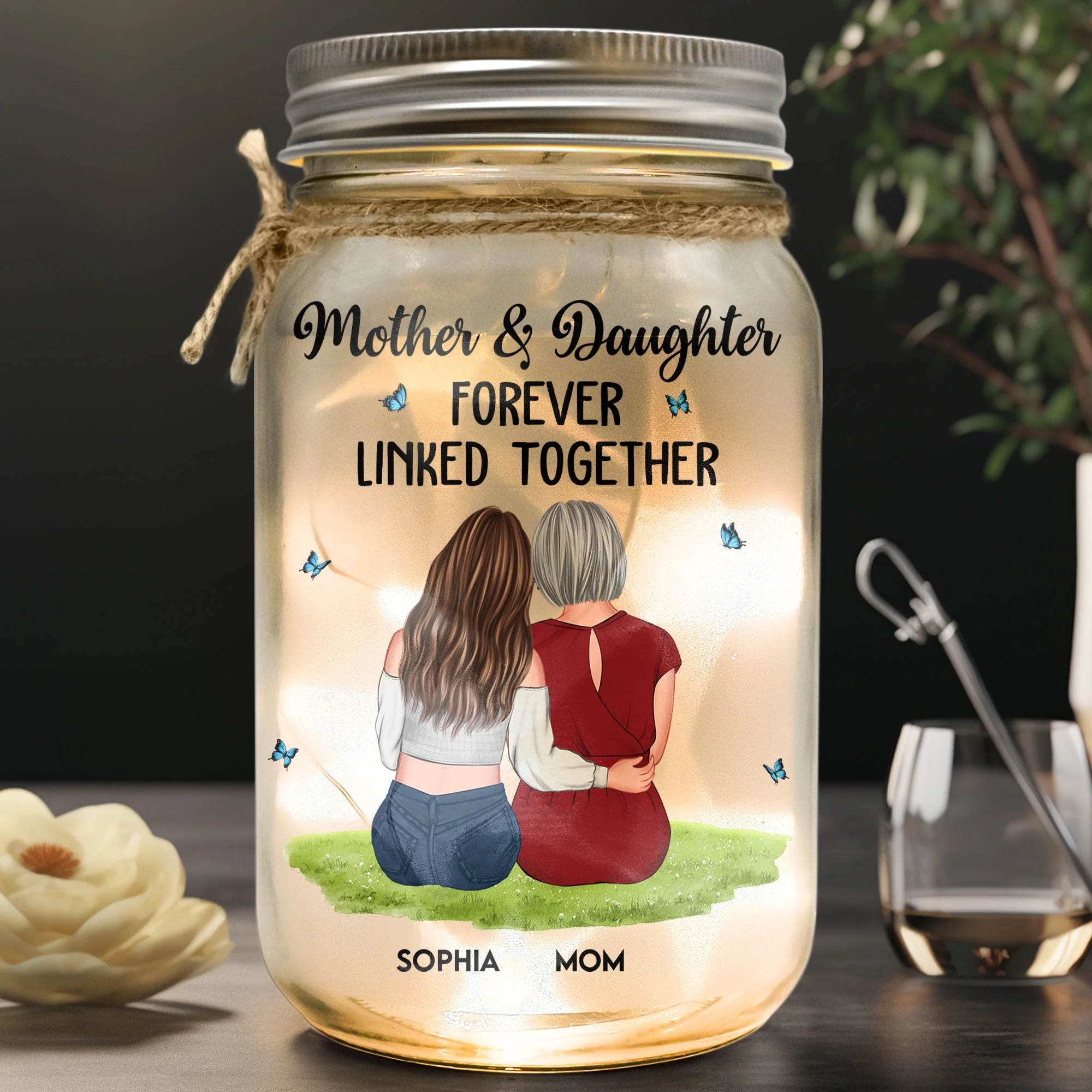 Mother & Daughter Forever Linked Together - Personalized Mason Jar Light - Image 3