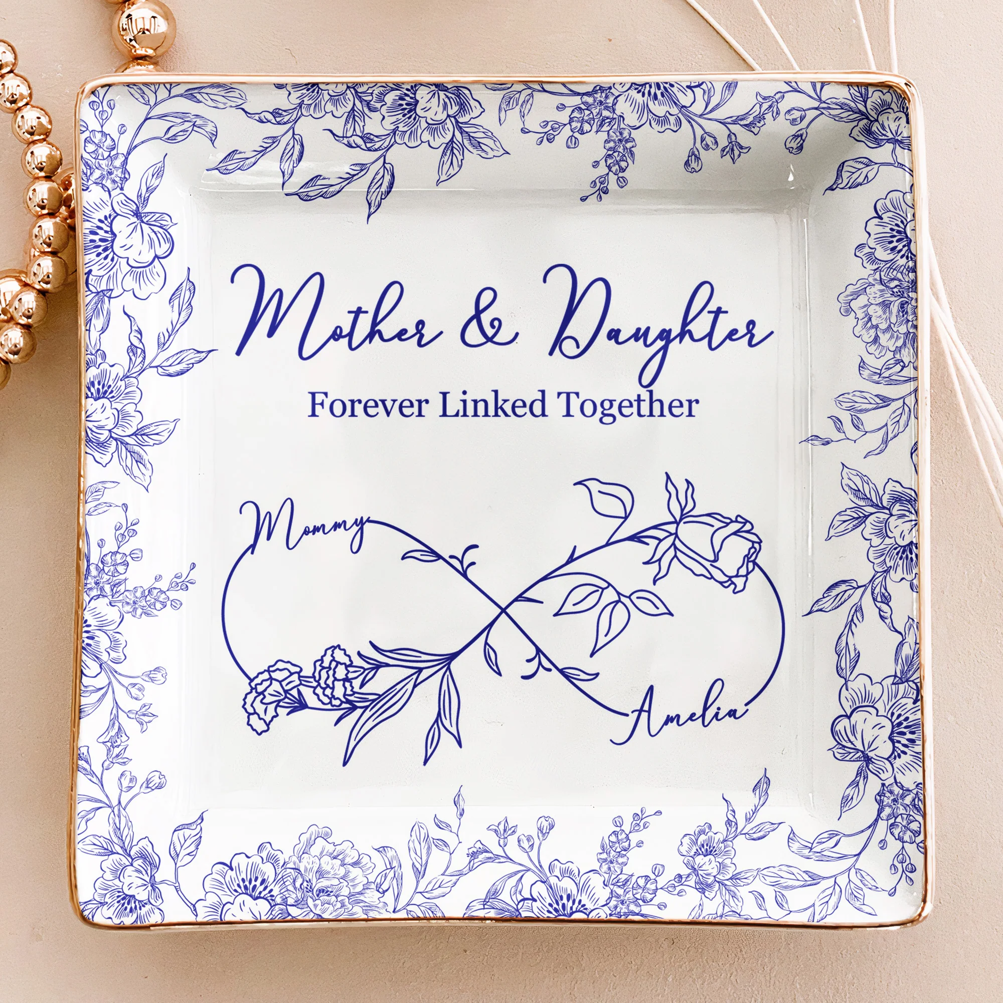 Mother & Daughter Forever Linked Together Toile De Jouy - Personalized Jewelry Dish - Image 2