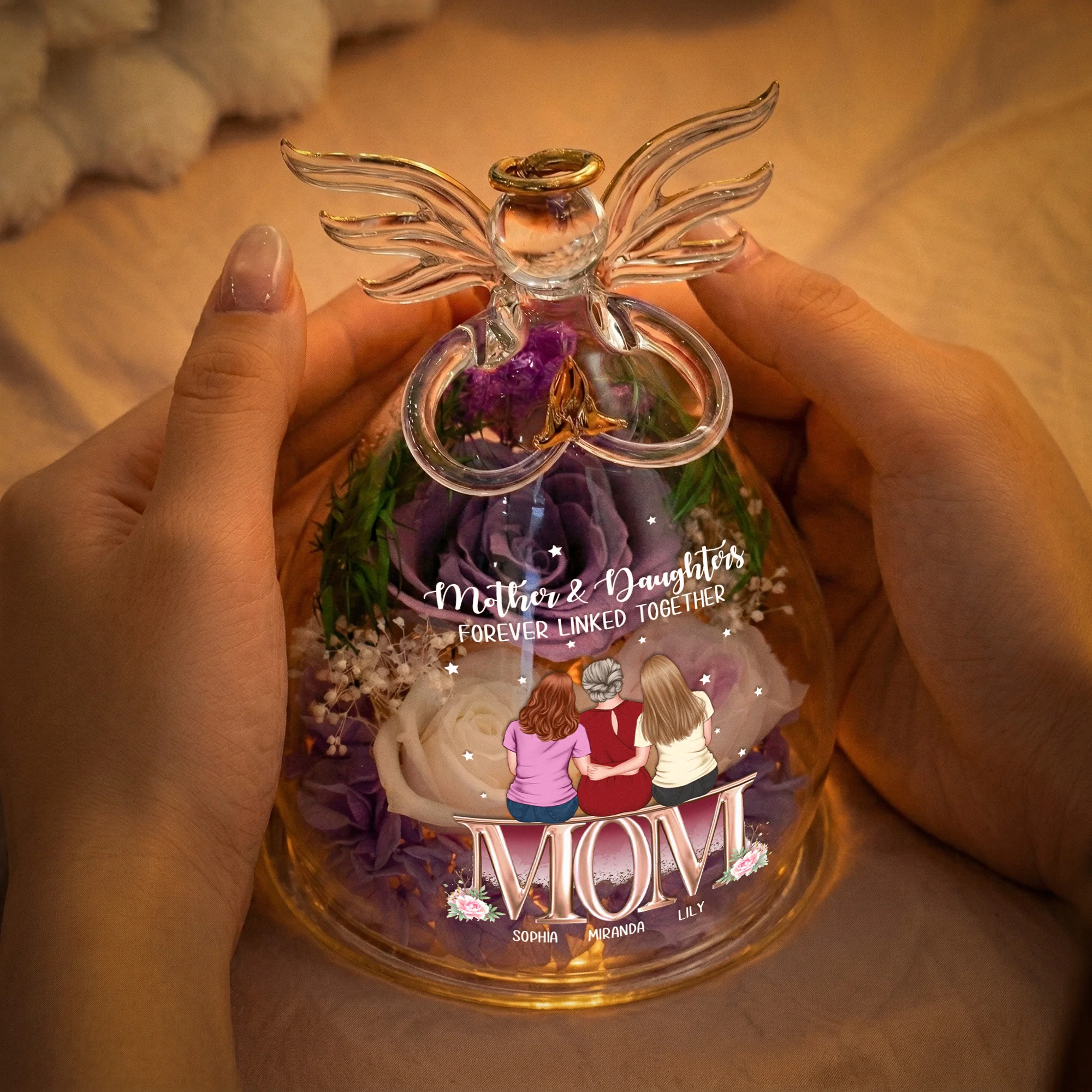 Mother & Daughters Forever Linked Together - Personalized Flower In Glass Angel Figurines - Image 3