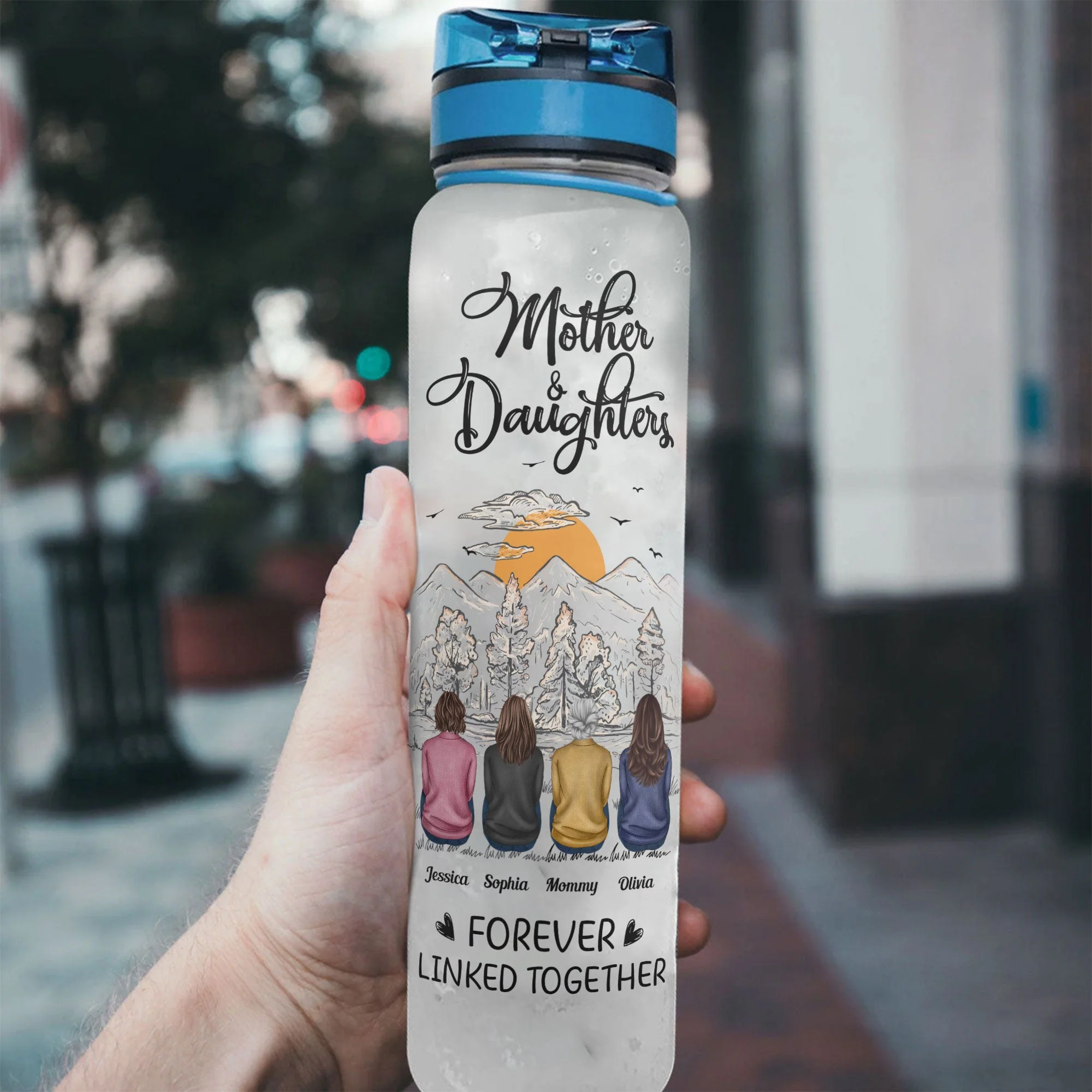 Mother & Daughters Forever Linked Together - Personalized Water Bottle With Time Marker - Image 2