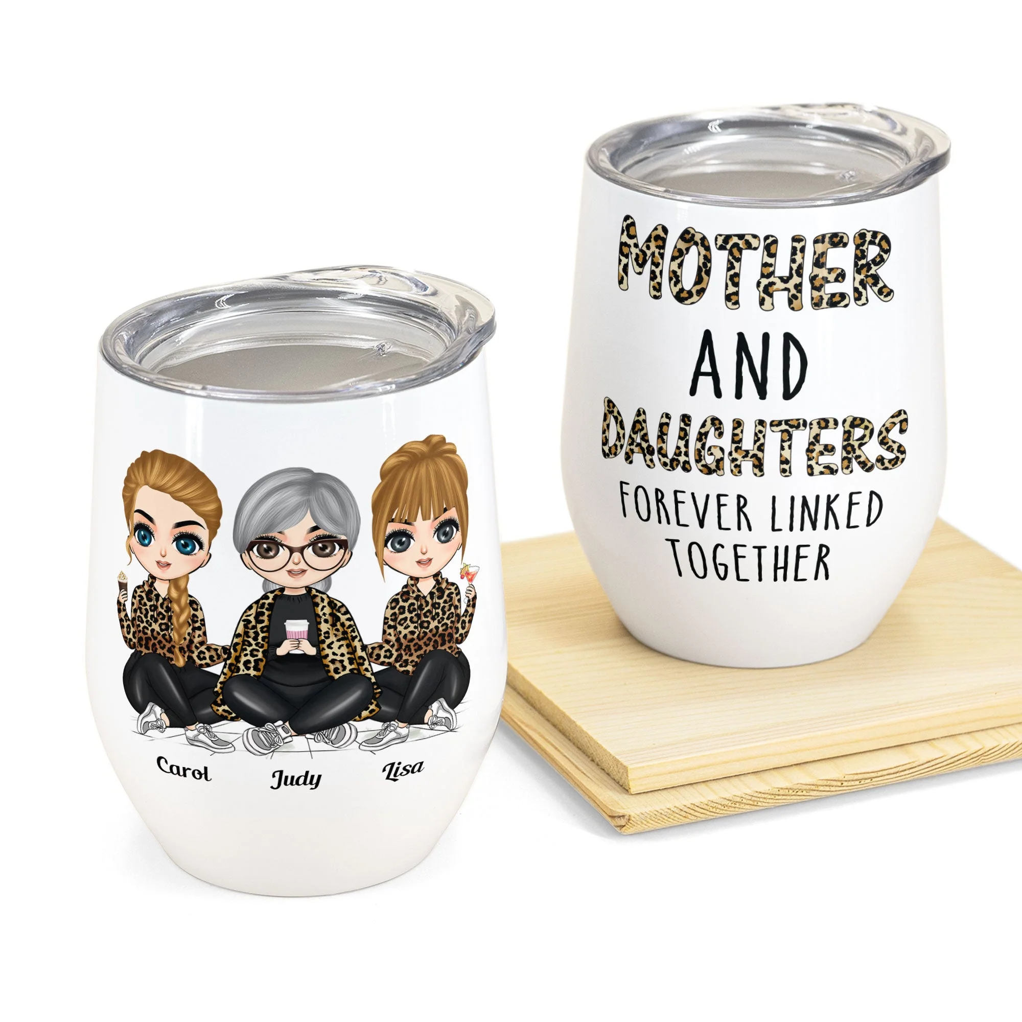 Mother & Daughters Forever Linked Together - Personalized Wine Tumbler - Birthday Gift For Mother, Mom, Daughter - Chibi Girls