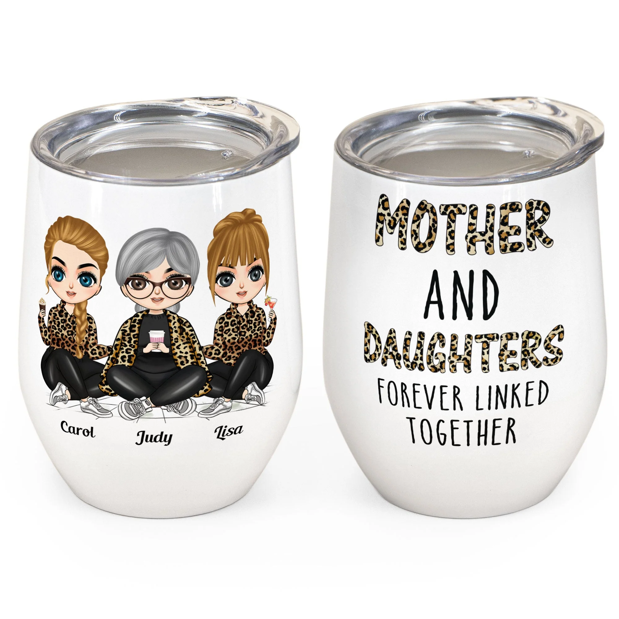Mother & Daughters Forever Linked Together - Personalized Wine Tumbler - Birthday Gift For Mother, Mom, Daughter - Chibi Girls - Image 2