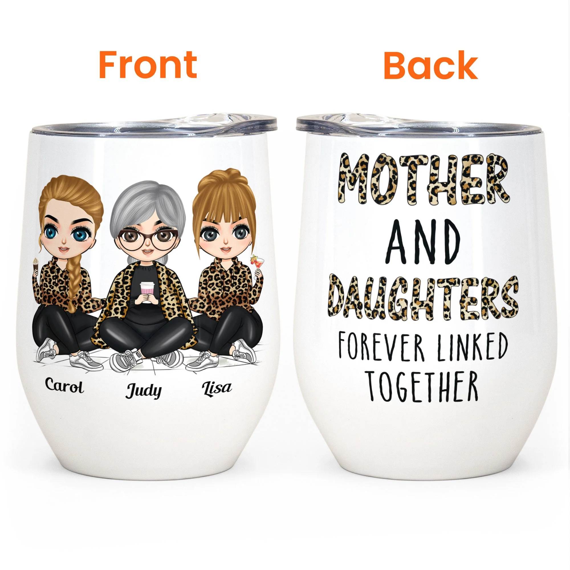Mother & Daughters Forever Linked Together - Personalized Wine Tumbler - Birthday Gift For Mother, Mom, Daughter - Chibi Girls - Image 4