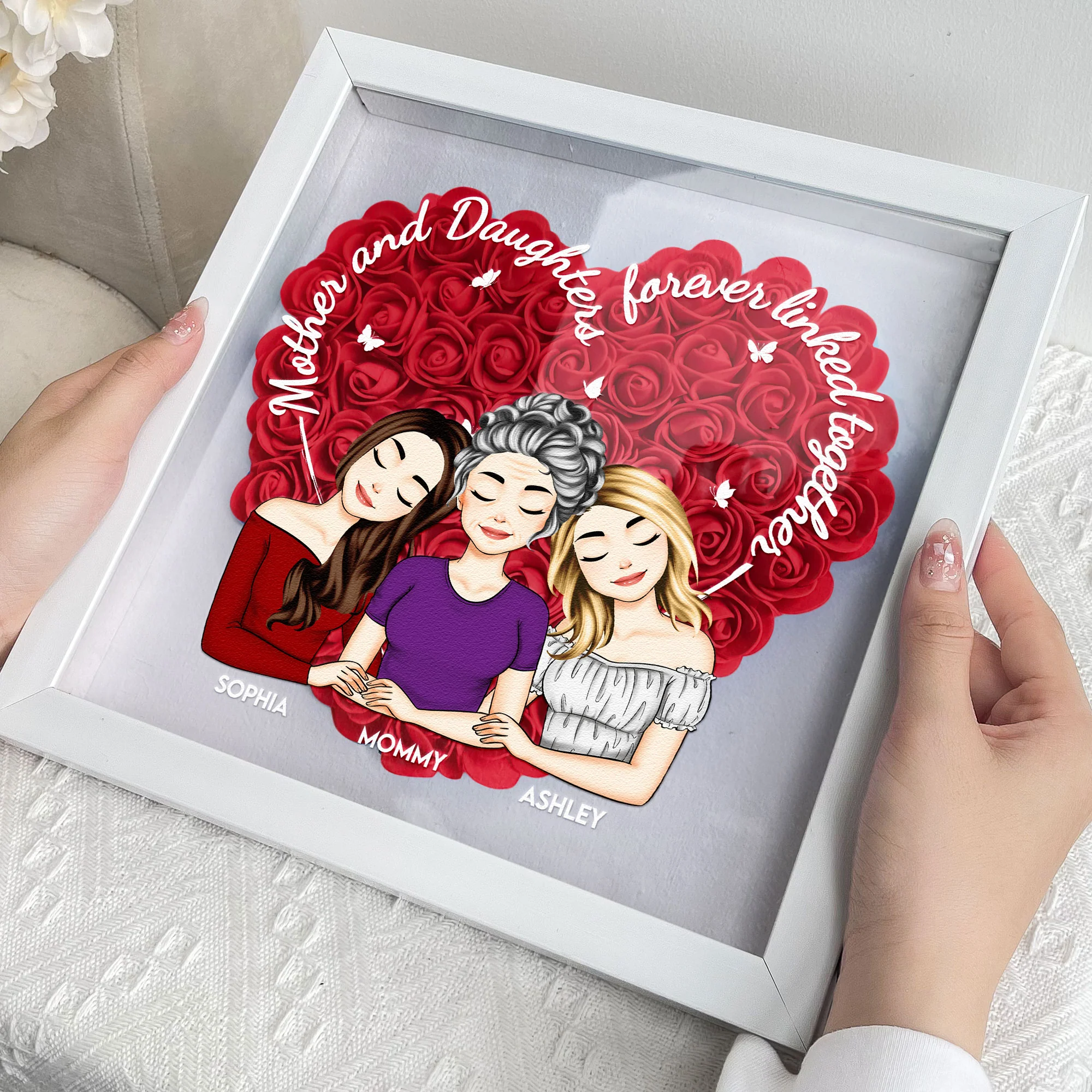 Mother Daughters Linked Together - Personalized Flower Shadow Box With LED Light - Image 4