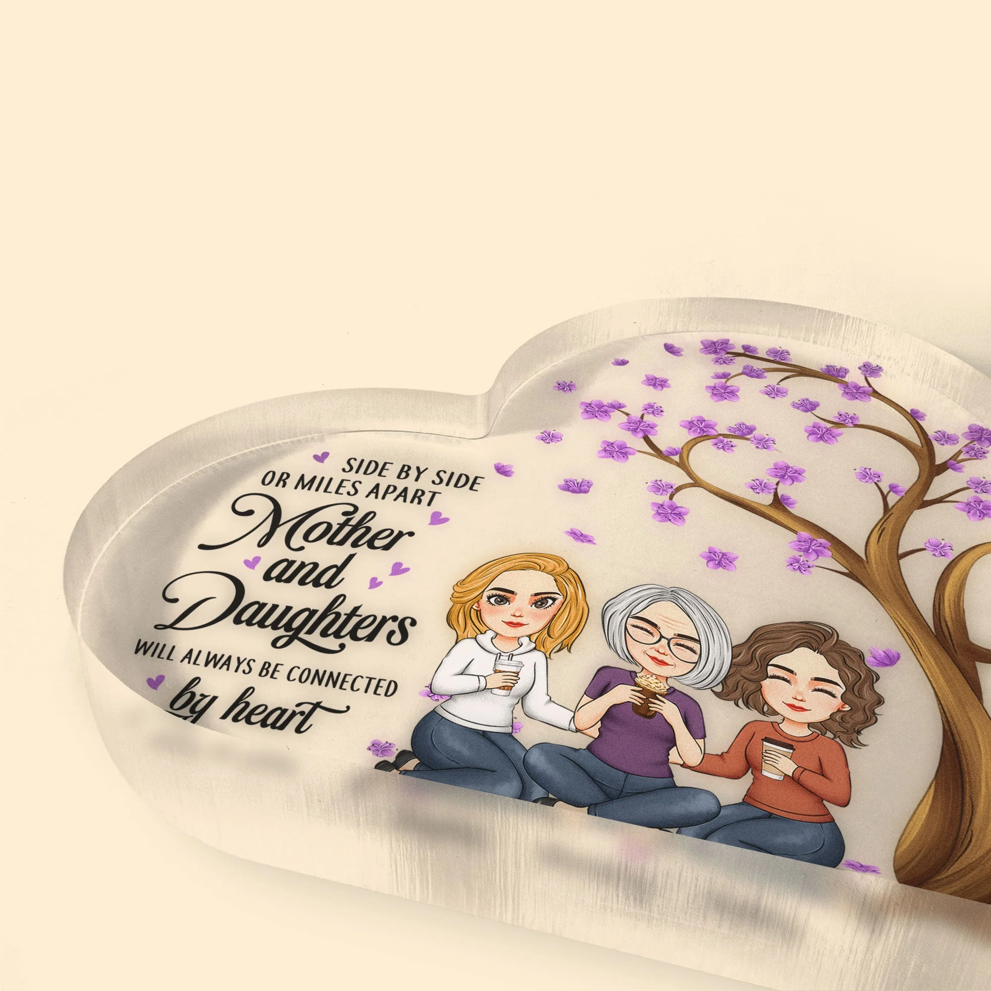 Mother & Daughters Will Always Be Connected By Heart - Personalized Heart Shaped Acrylic Plaque - Image 3