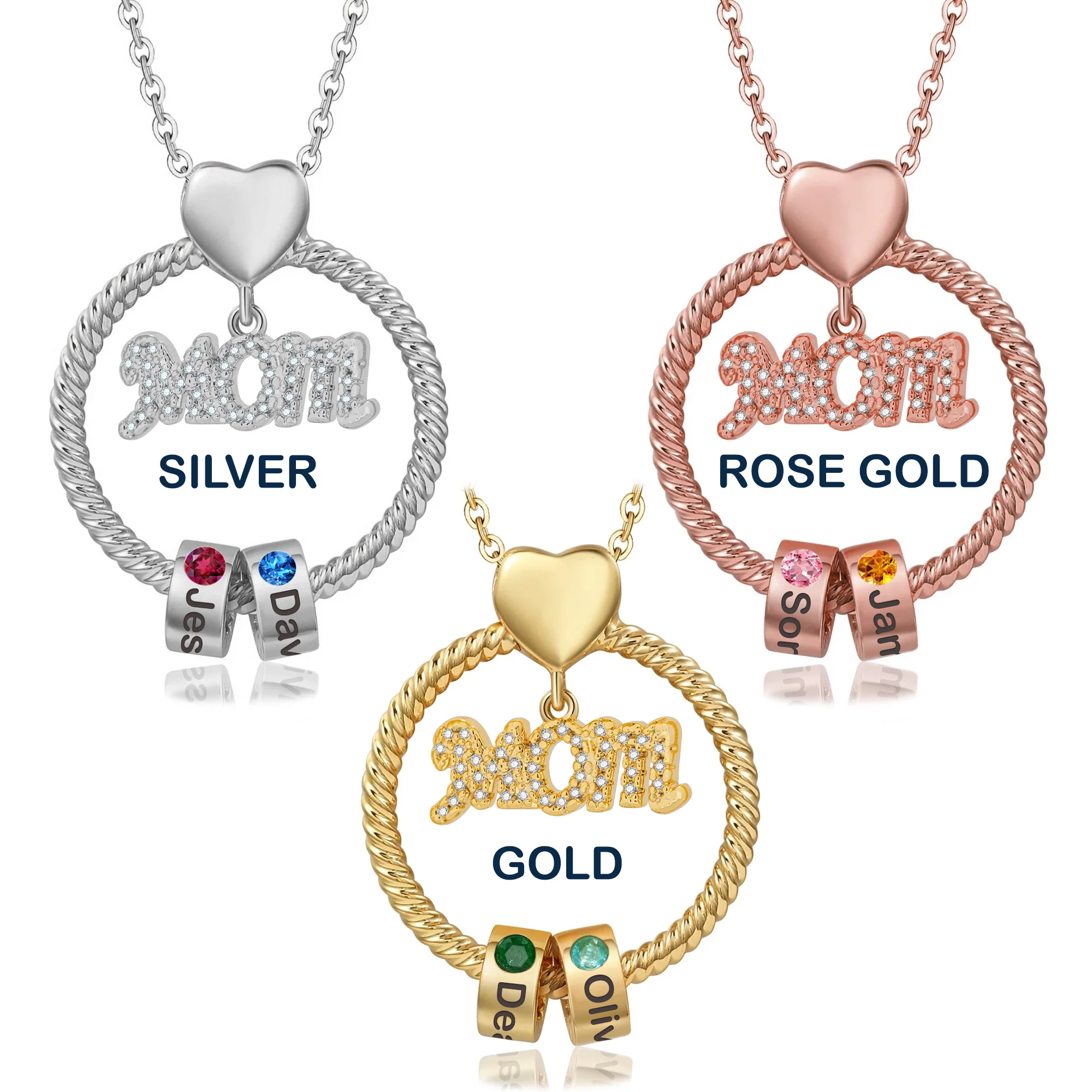 Mother's Day Gift Engraved Names - Personalized Circle Pendant With Birthstone Beads Necklace - Image 4