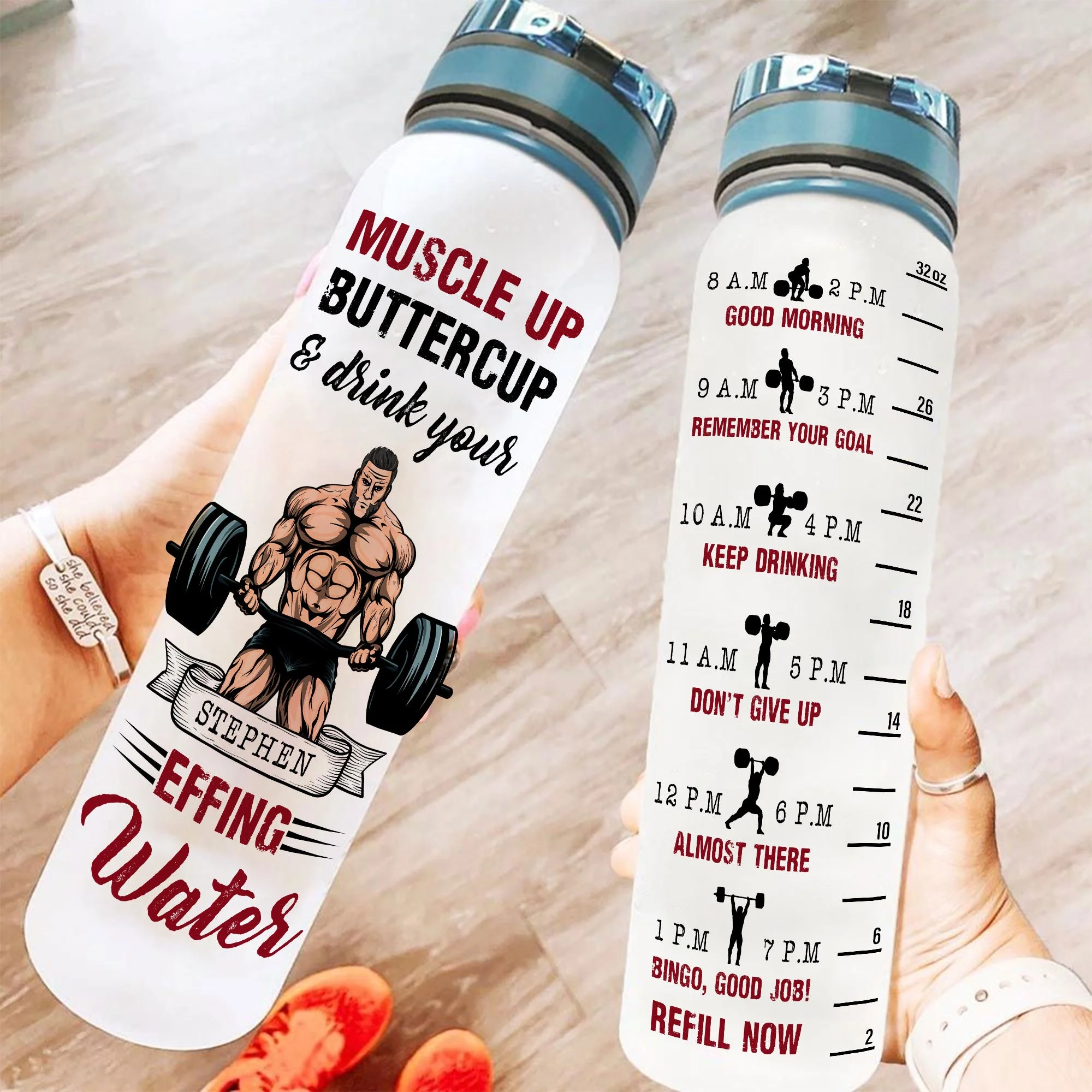 Muscle Up Buttercup Man Version  - Personalized Water Tracker Bottle - Image 2