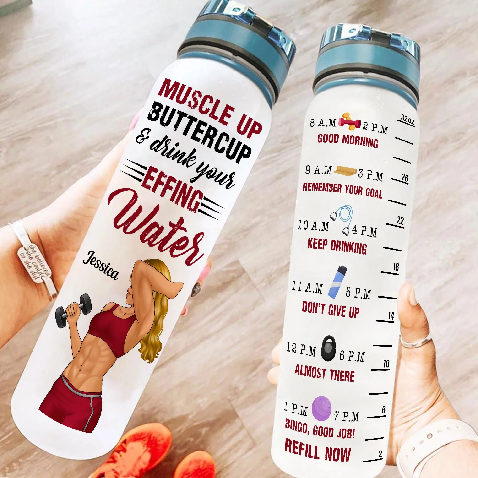 Muscle Up Buttercup  - Personalized Water Tracker Bottle - Birthday, Funny, Motivation Gift For Fitness Lovers, Gymers - Image 2
