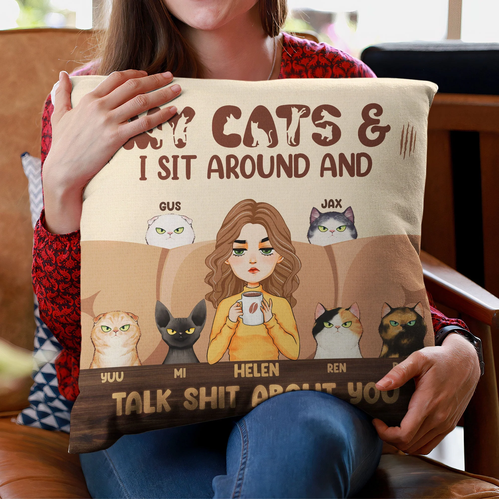 My Cat And I Sit Around And Talk About You - Personalized Pillow (Insert Included) - Birthday, Funny Gift For Cat Lovers, Cat Moms, Cat Owners - Image 3