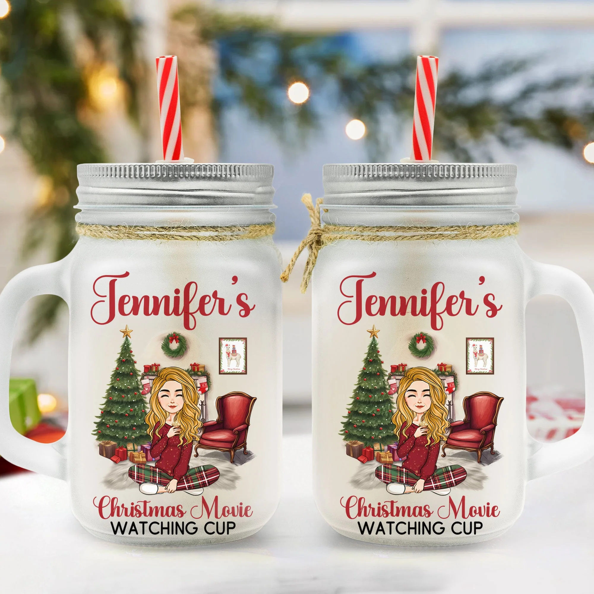 My Christmas Movie Cup - Personalized Mason Jar Cup With Straw - Image 2