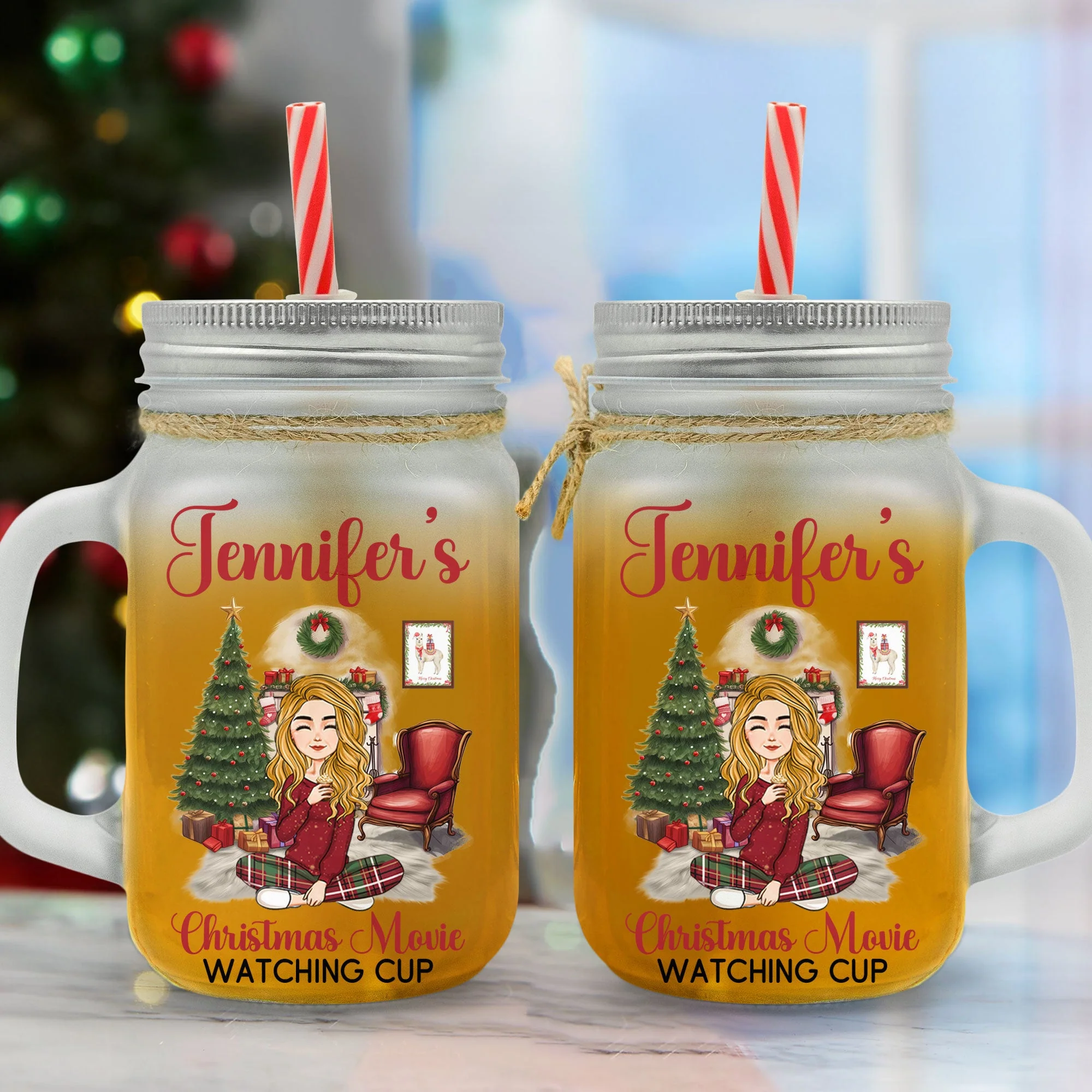 My Christmas Movie Cup - Personalized Mason Jar Cup With Straw - Image 4