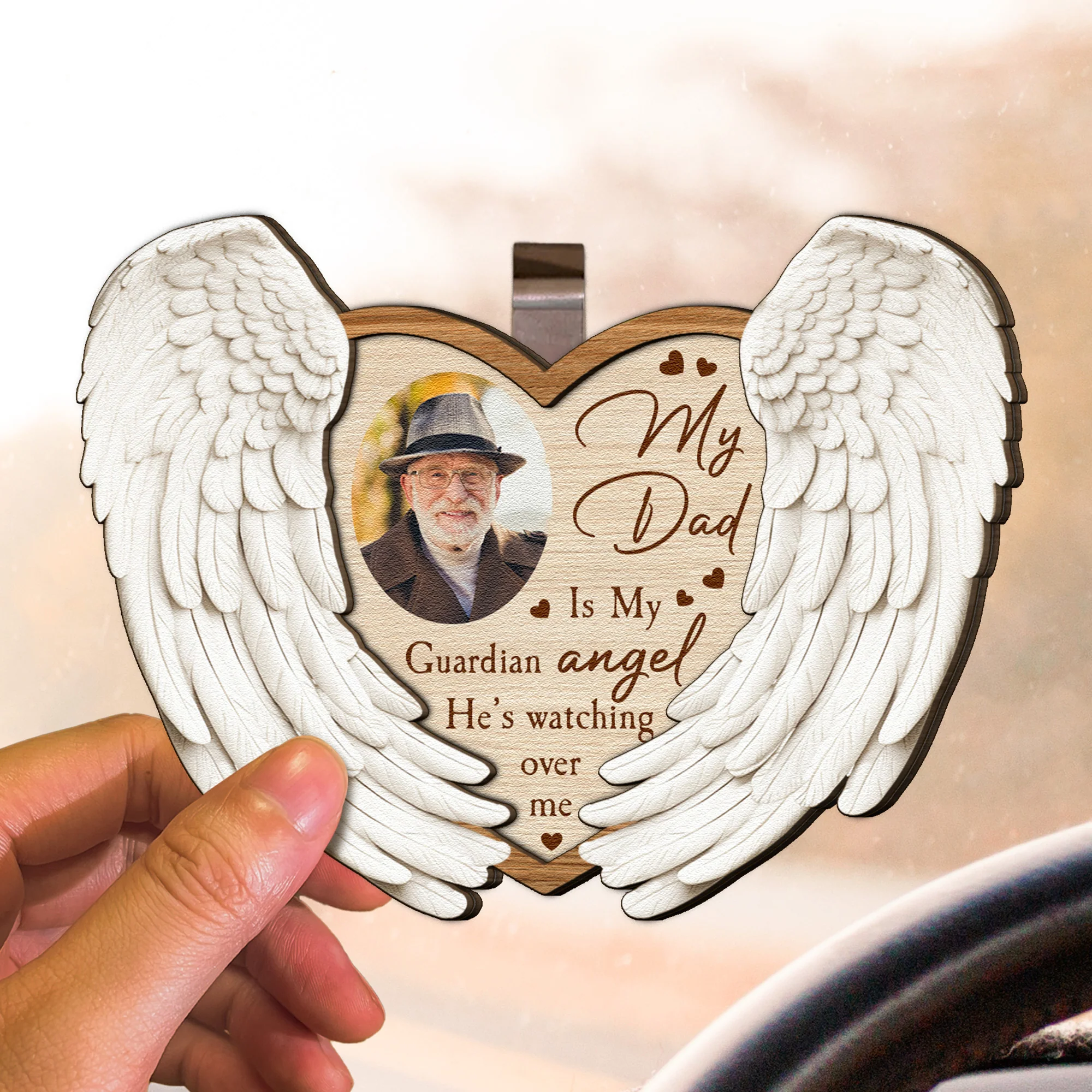 My Dad/ Mom/ Grandpa Is My Guardian Angel - Personalized Wooden Photo Car Visor Clip - Image 2