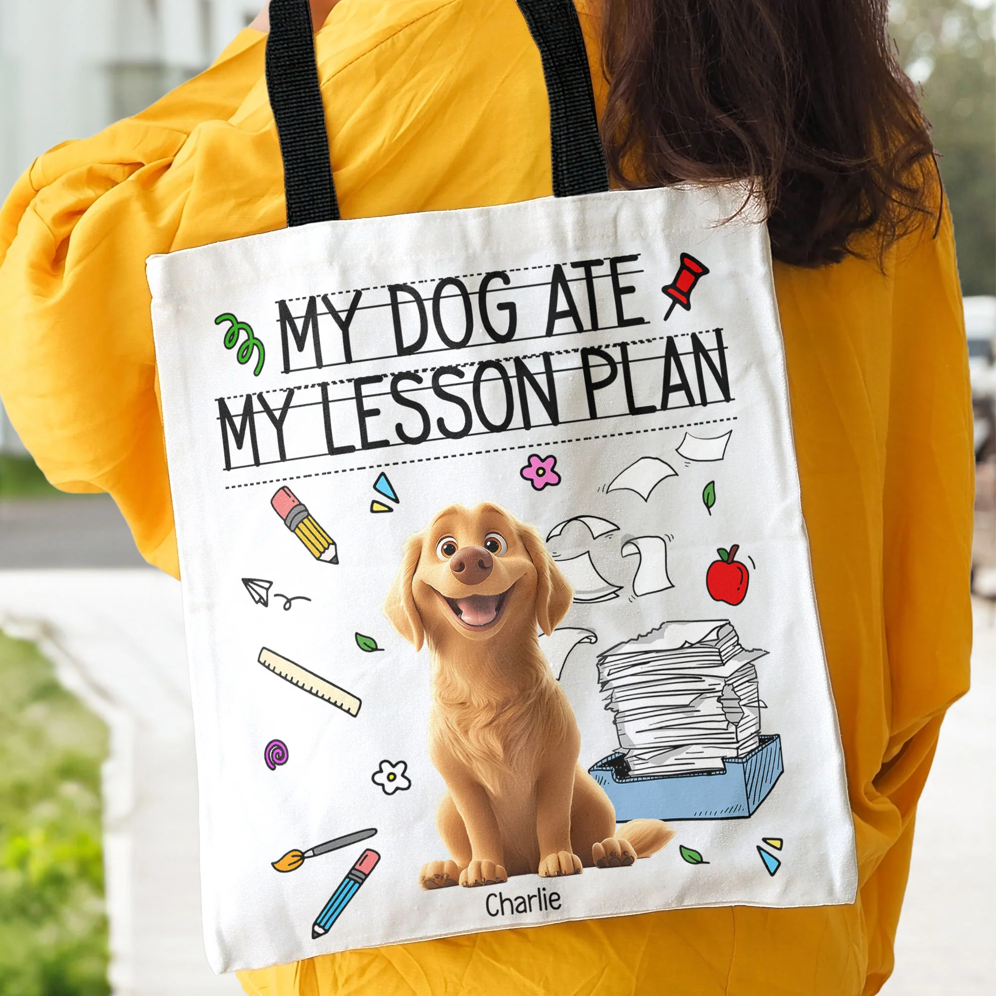 My Dog Ate My Lesson Plan Teacher Dog Mom Funny Gift - Personalized Tote Bag - Image 4